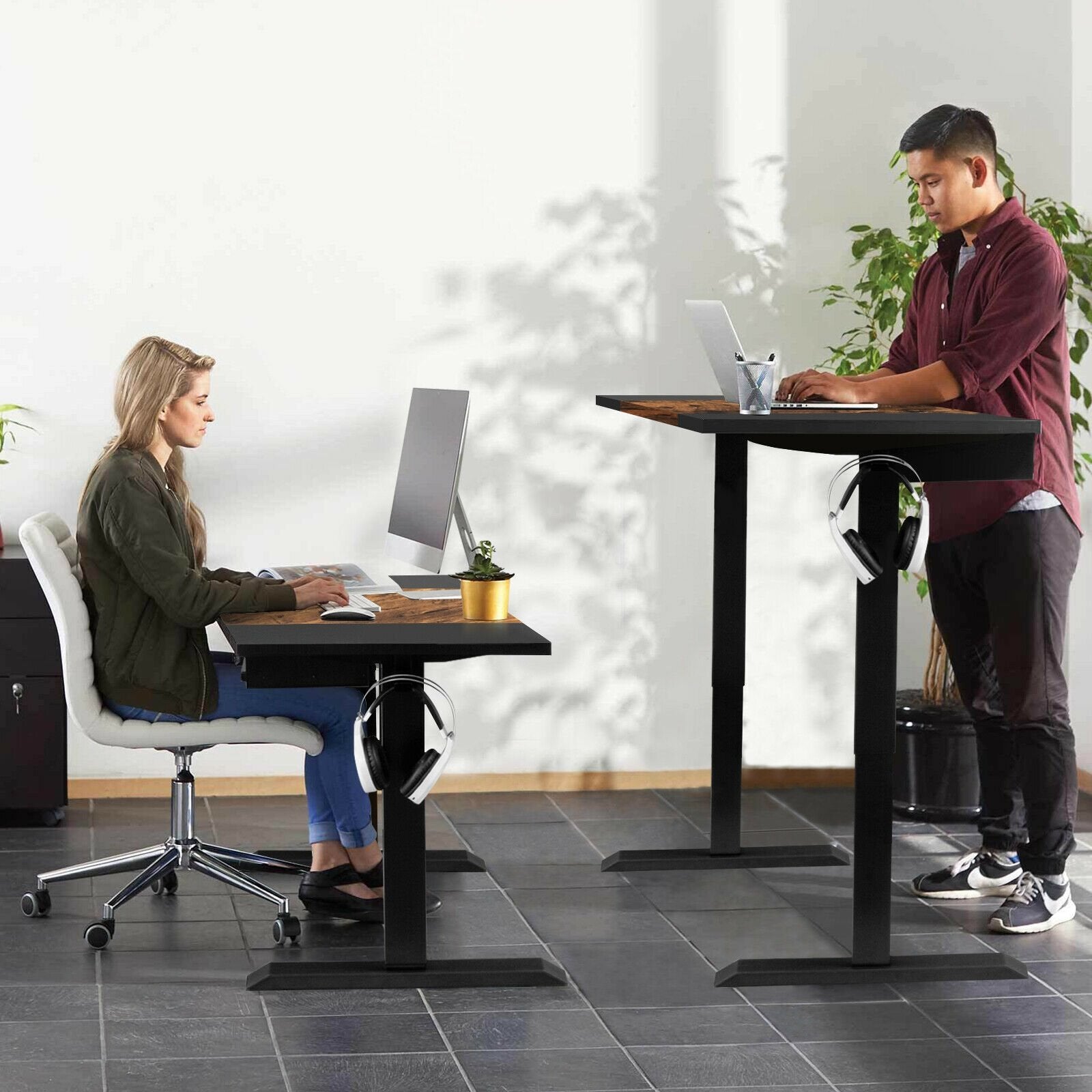 48 Inch Electric Sit to Stand Desk with Keyboard Tray, Rustic Brown Standing Desks   at Gallery Canada