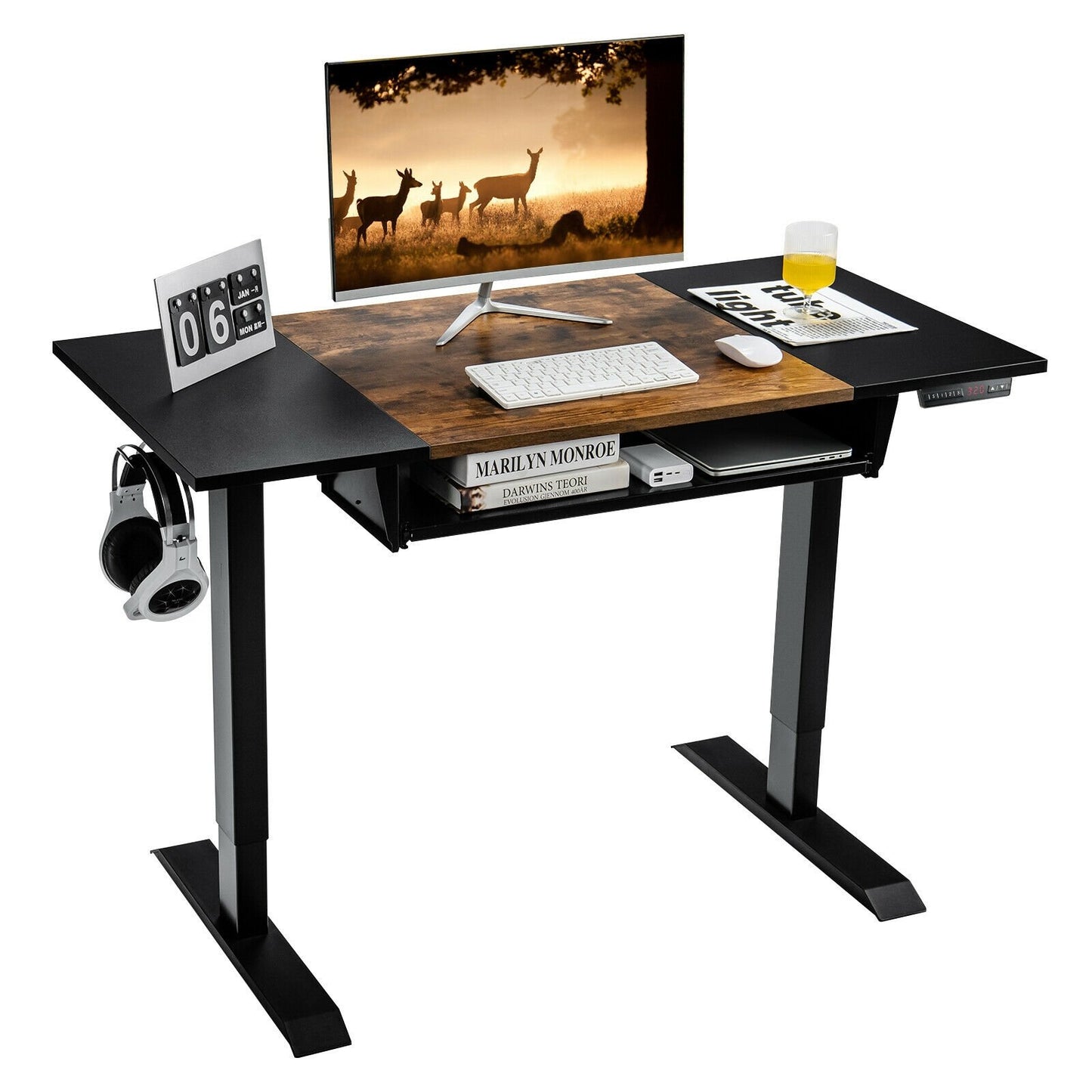 48 Inch Electric Sit to Stand Desk with Keyboard Tray, Rustic Brown Standing Desks   at Gallery Canada