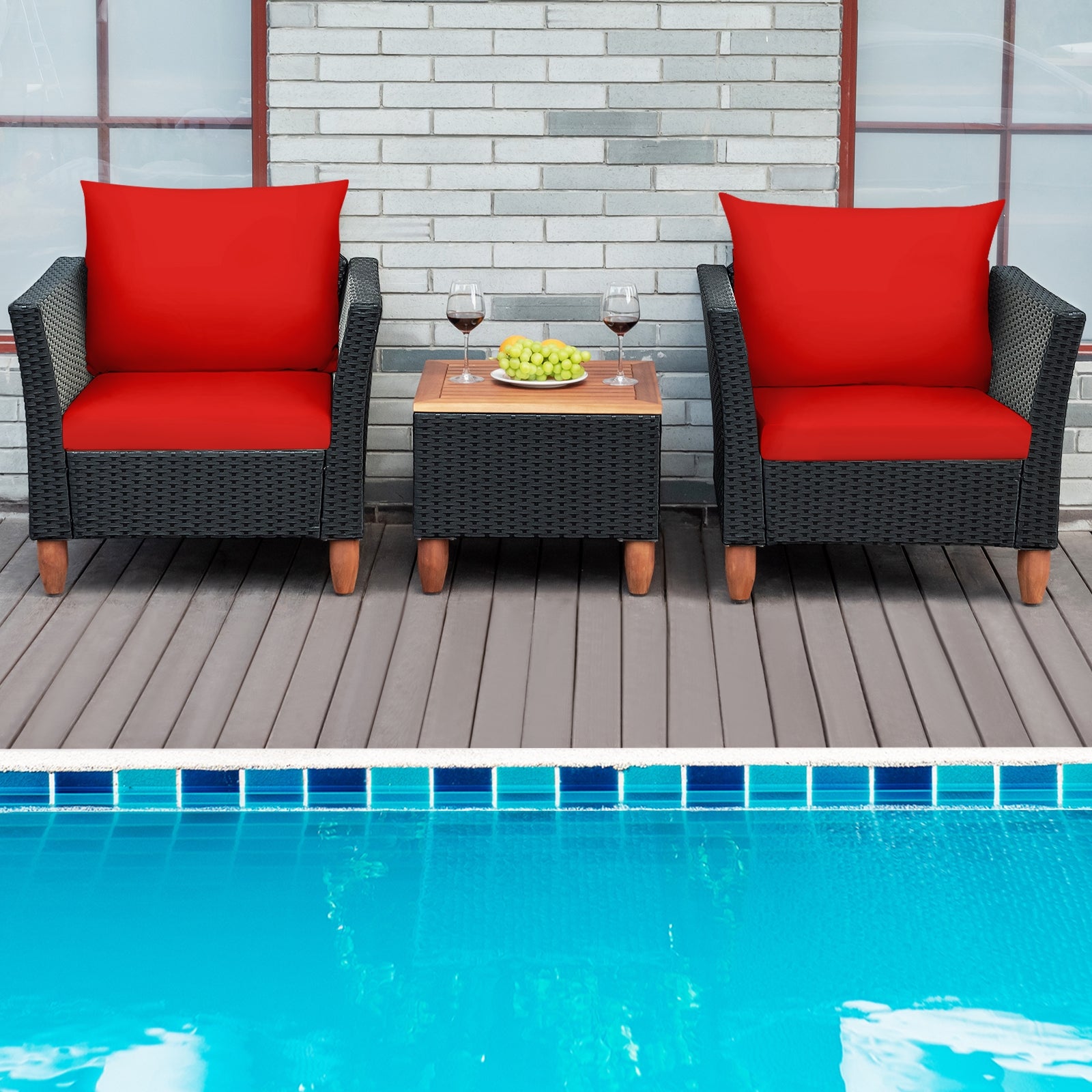 3 Pieces Outdoor Patio Rattan Furniture Set, Red Patio Conversation Sets   at Gallery Canada