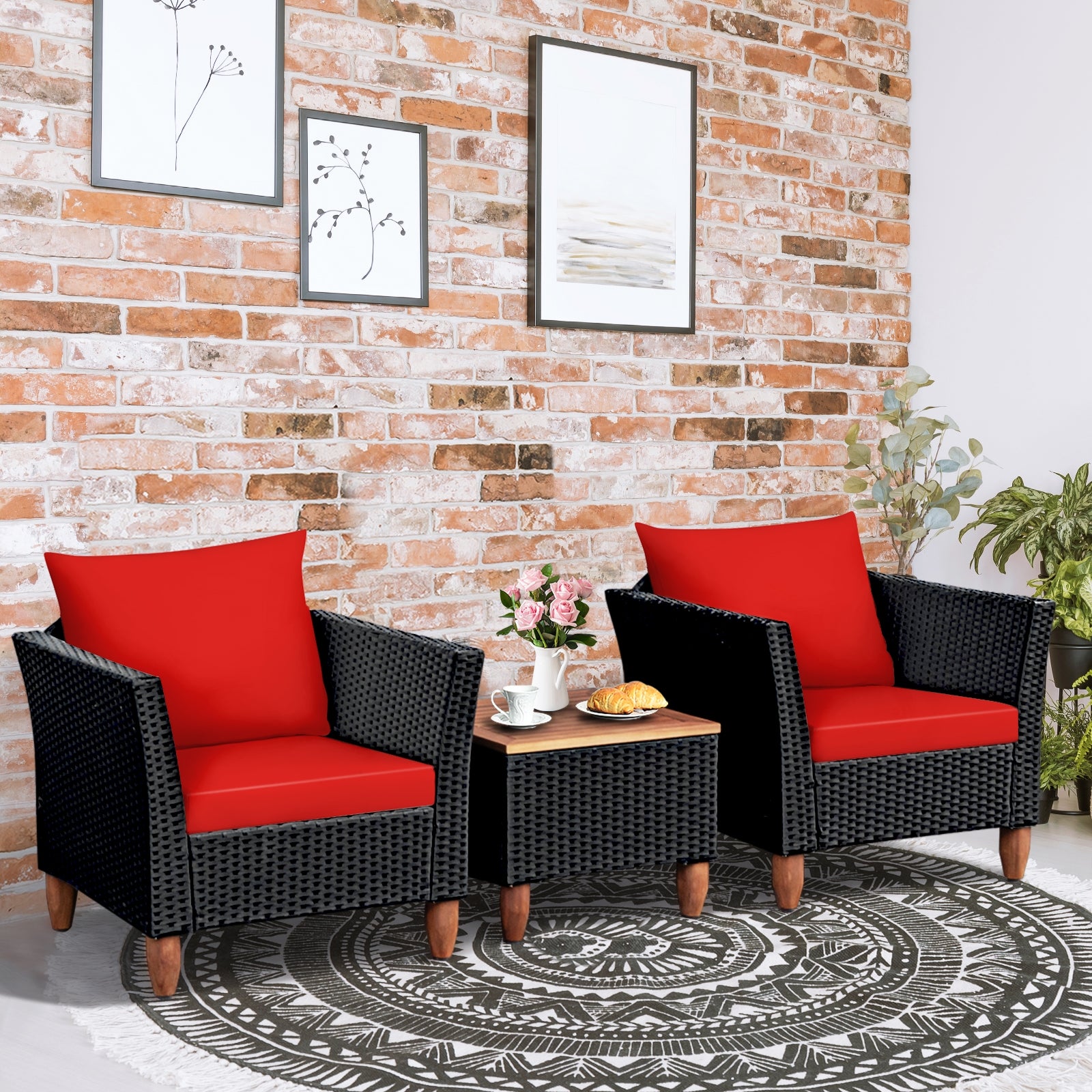 3 Pieces Outdoor Patio Rattan Furniture Set, Red Patio Conversation Sets   at Gallery Canada