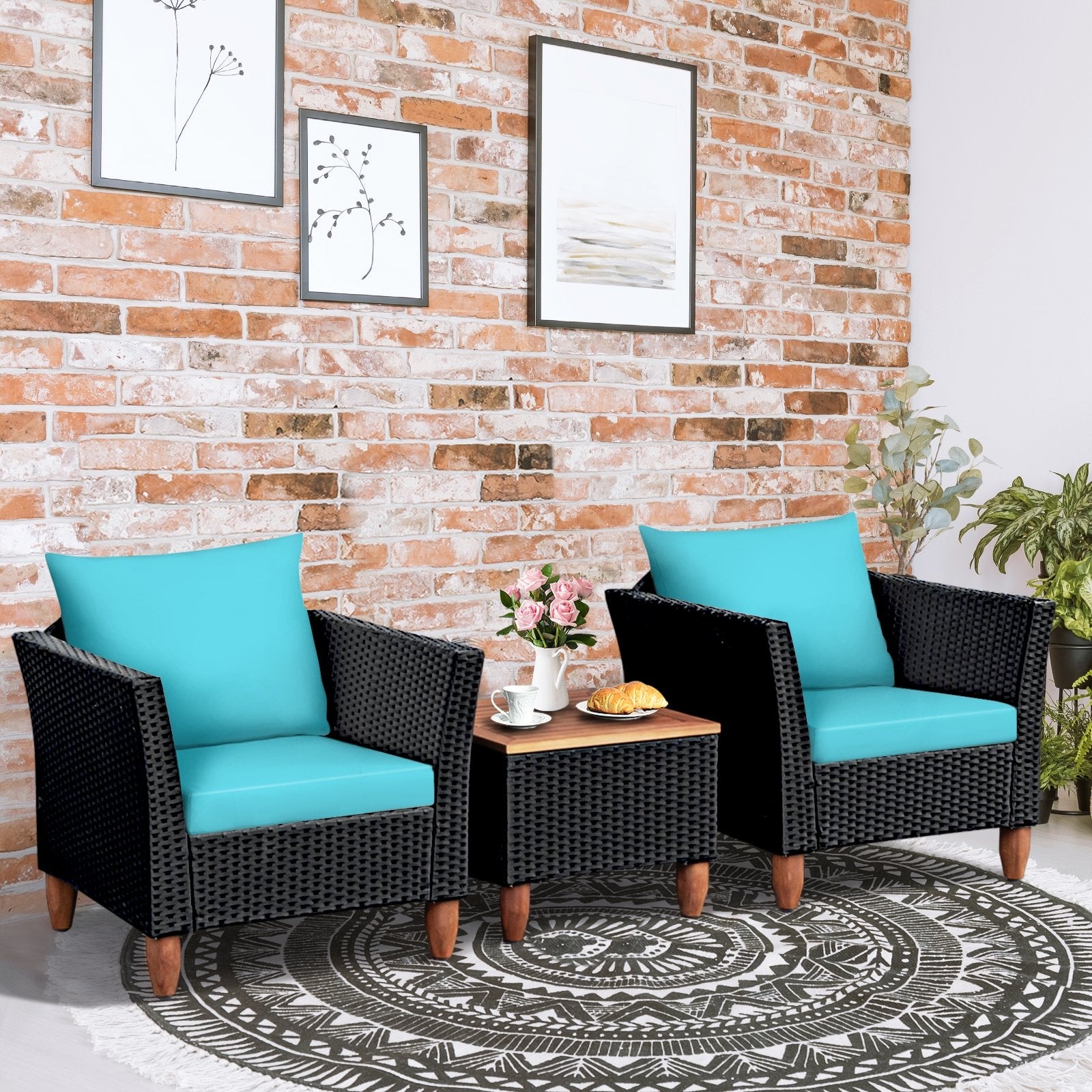 3 Pieces Outdoor Patio Rattan Furniture Set, Turquoise Patio Conversation Sets   at Gallery Canada