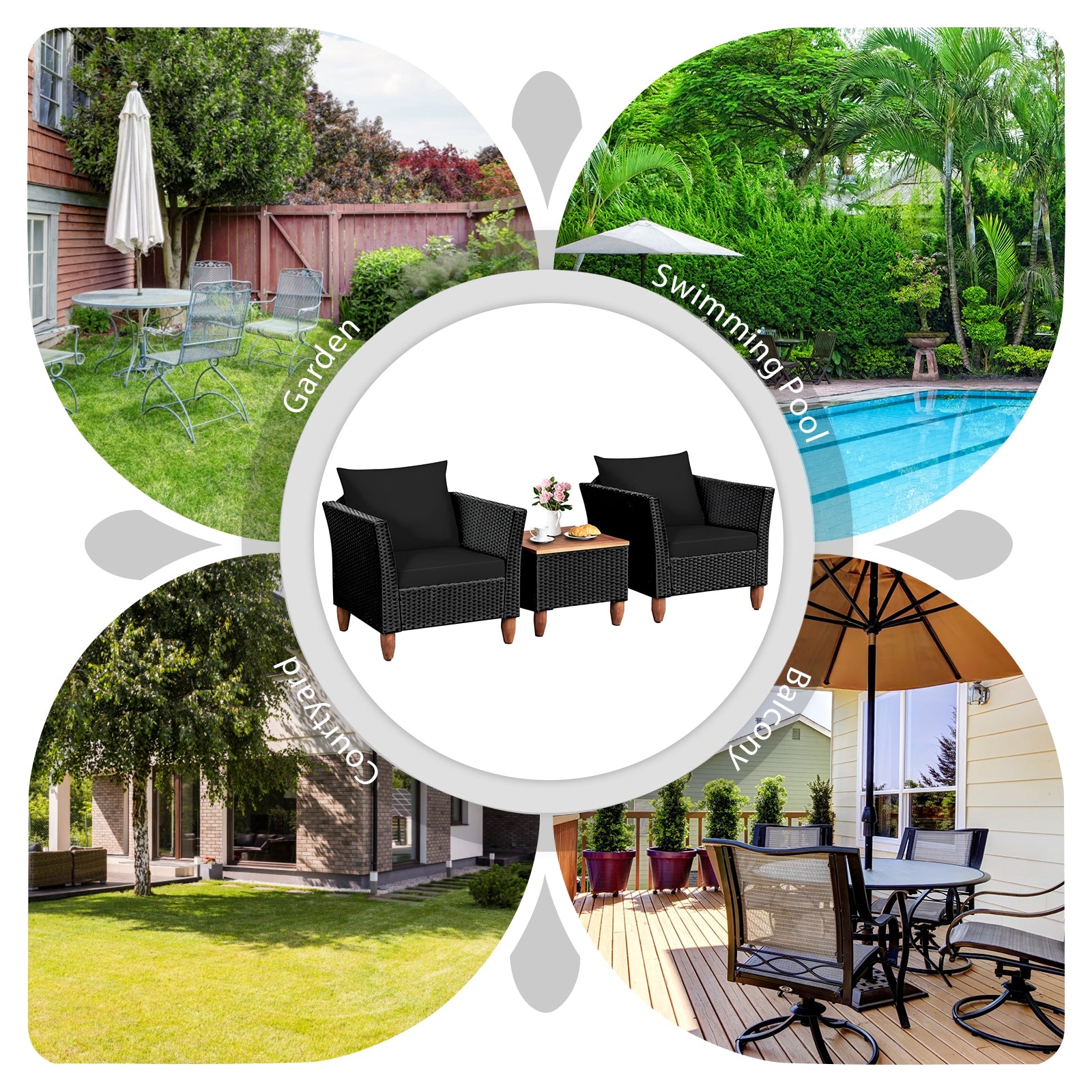 3 Pieces Outdoor Patio Rattan Furniture Set, Black Patio Conversation Sets   at Gallery Canada