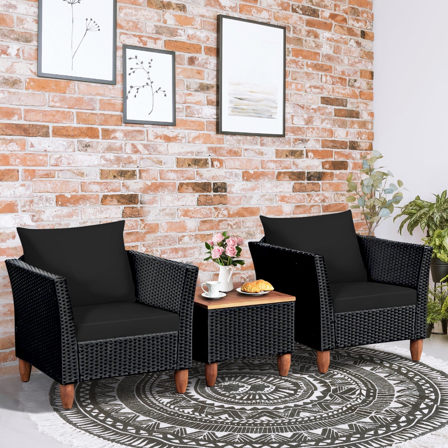 3 Pieces Outdoor Patio Rattan Furniture Set, Black Patio Conversation Sets   at Gallery Canada