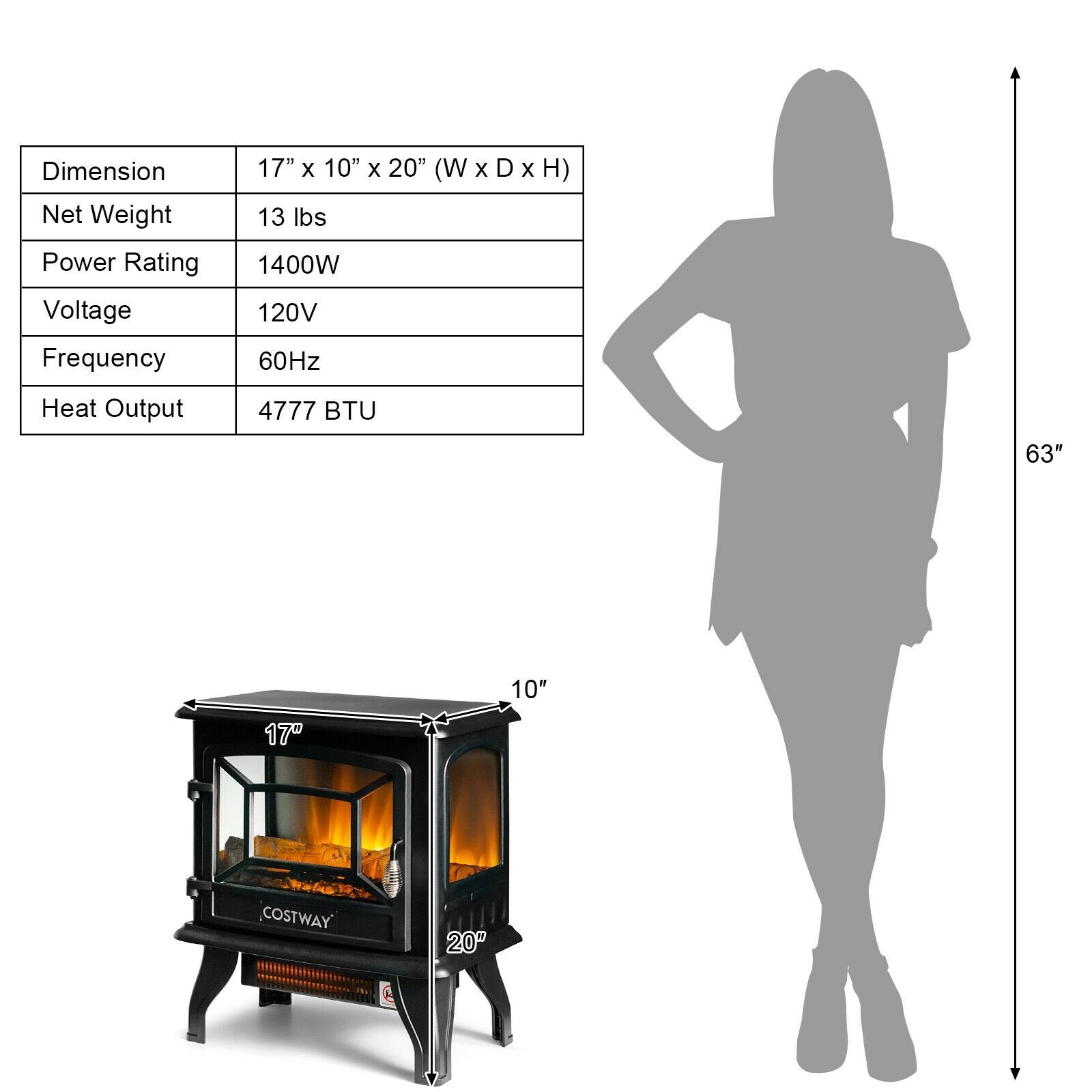 Freestanding Fireplace Heater with Realistic Dancing Flame Effect, Black Fireplaces   at Gallery Canada