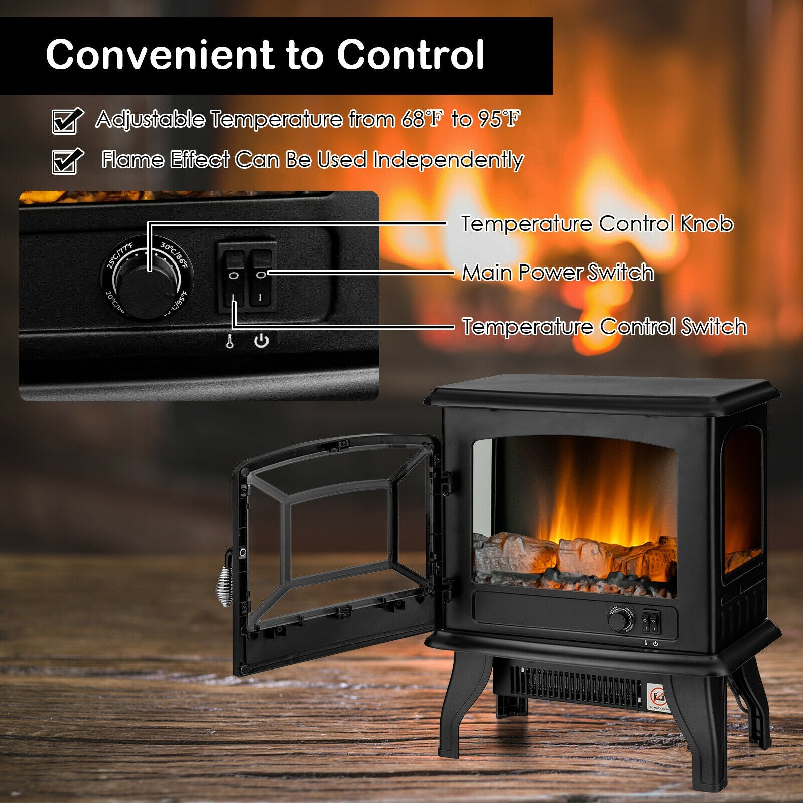 Freestanding Fireplace Heater with Realistic Dancing Flame Effect, Black Fireplaces   at Gallery Canada