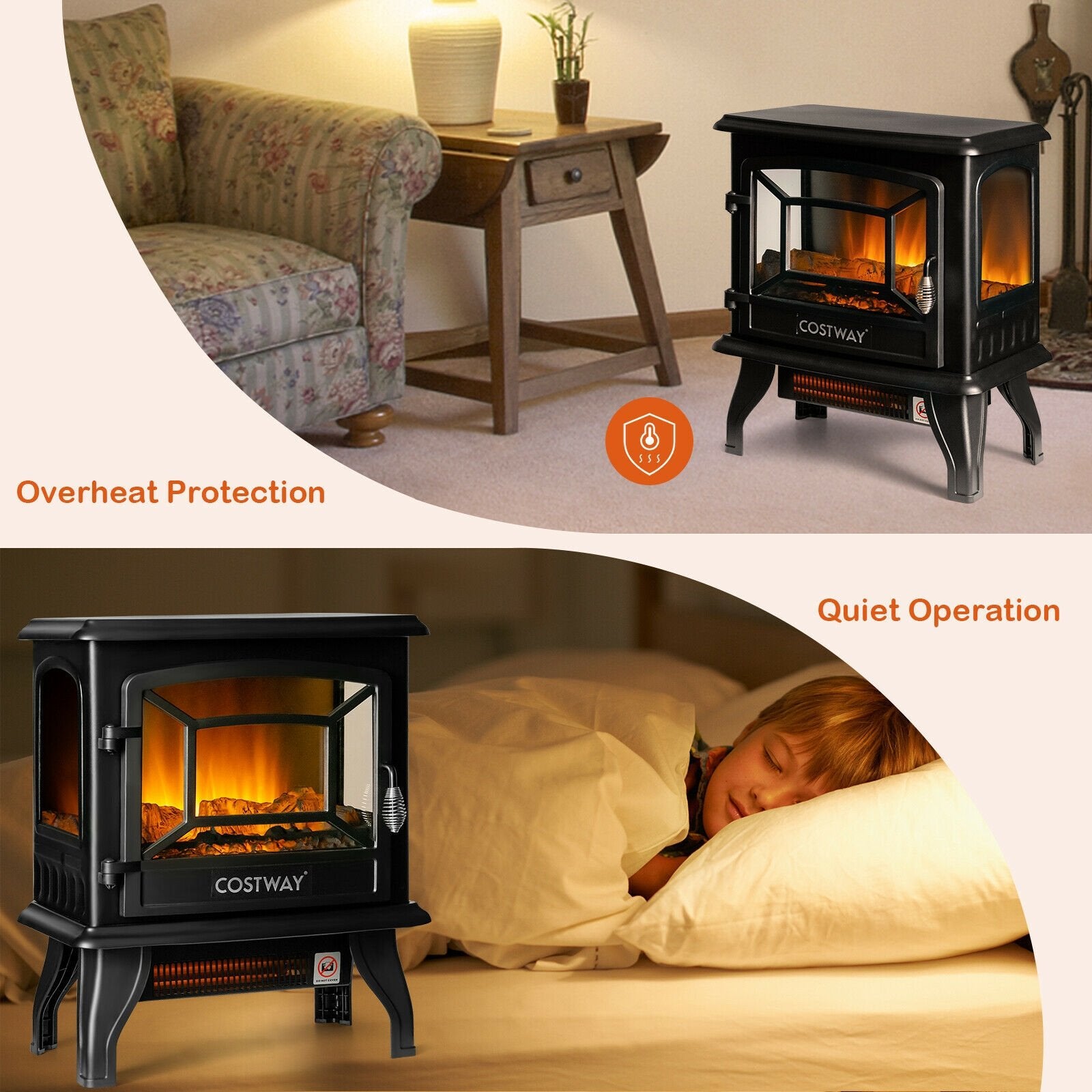 Freestanding Fireplace Heater with Realistic Dancing Flame Effect, Black Fireplaces   at Gallery Canada