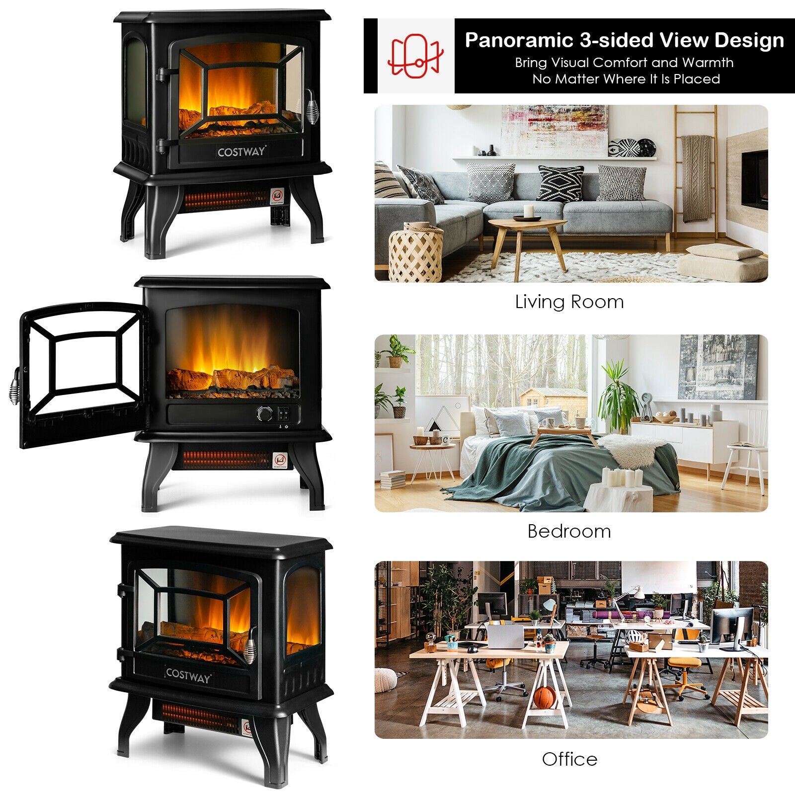 Freestanding Fireplace Heater with Realistic Dancing Flame Effect, Black Fireplaces   at Gallery Canada