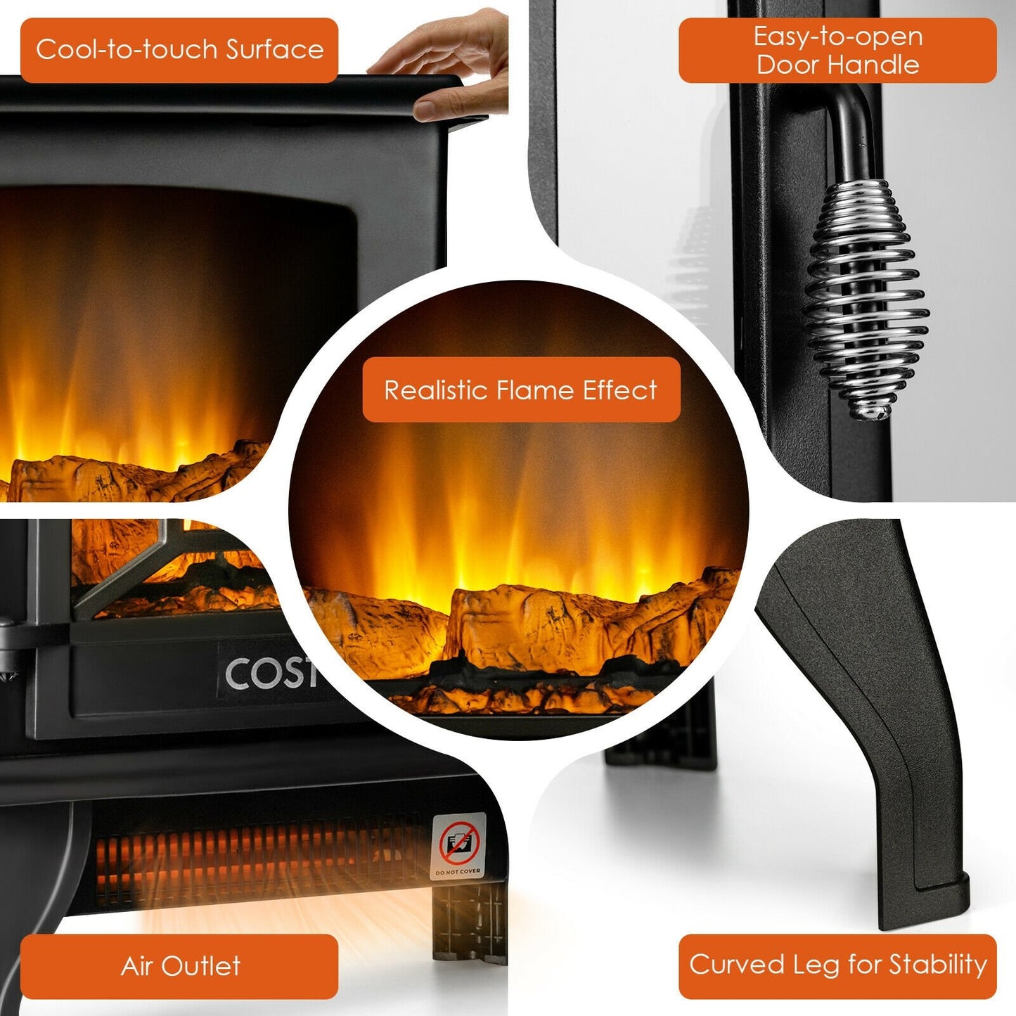 Freestanding Fireplace Heater with Realistic Dancing Flame Effect, Black Fireplaces   at Gallery Canada