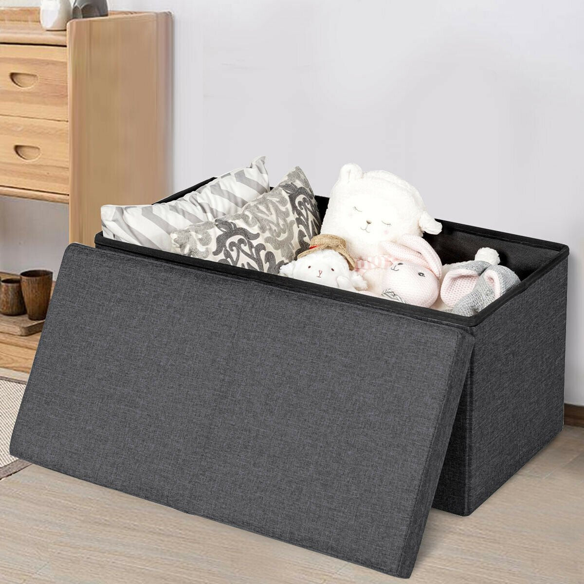 30 Inch Folding Storage Ottoman with Lift Top, Dark Gray Shoe Racks & Storage Benches   at Gallery Canada