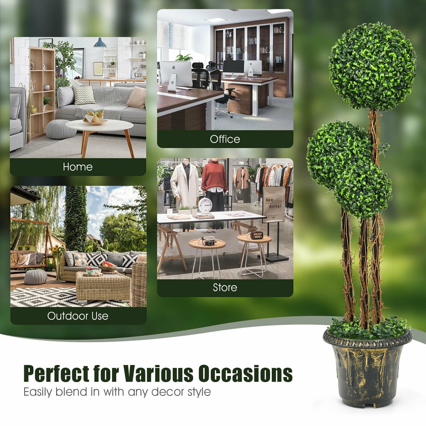 4 Feet Artificial UV Resistant Topiary Triple Ball Tree Plant, Green Faux Plants   at Gallery Canada