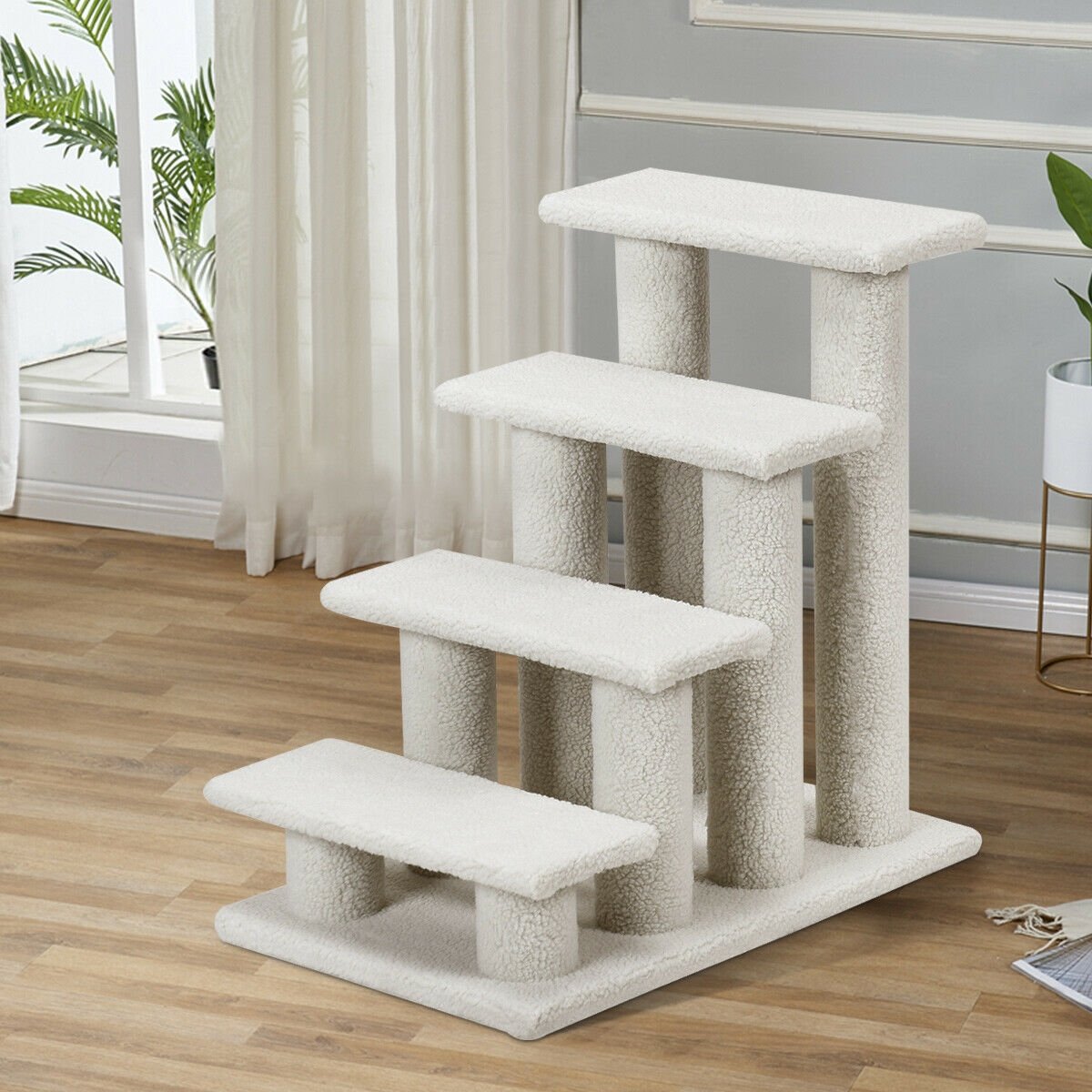 4-Step Pet Stairs Carpeted Ladder Ramp Scratching Post Cat Tree Climber, Beige Cat Trees Condos & Scratchers   at Gallery Canada