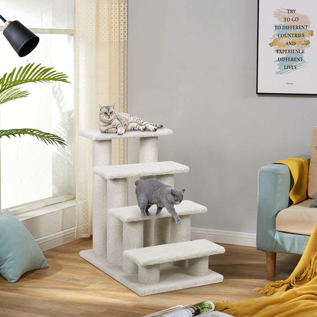 4-Step Pet Stairs Carpeted Ladder Ramp Scratching Post Cat Tree Climber, Beige Cat Trees Condos & Scratchers   at Gallery Canada