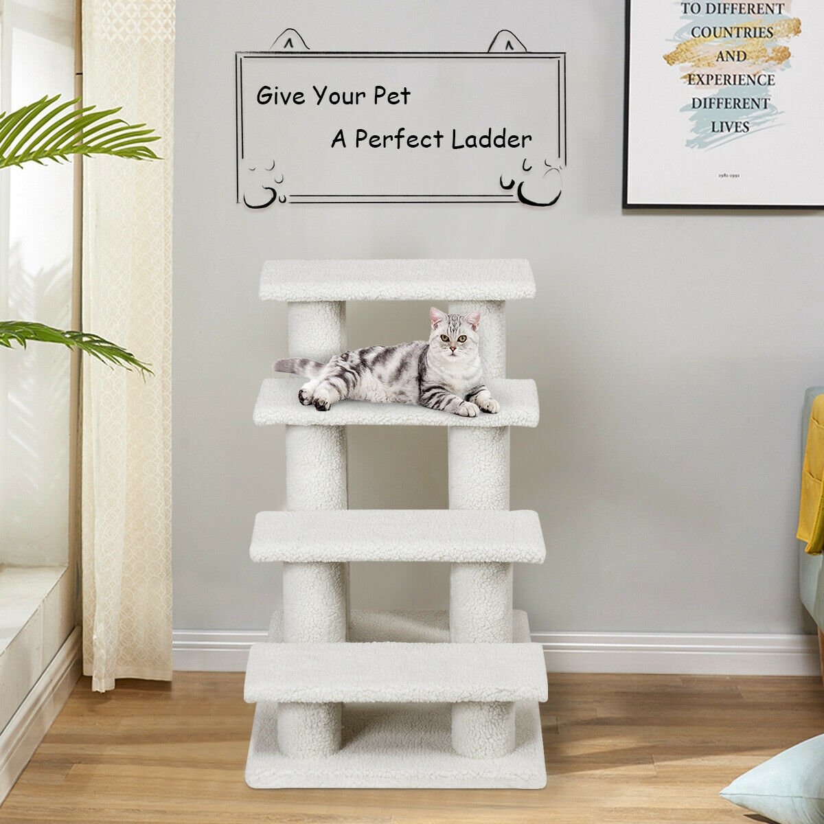 4-Step Pet Stairs Carpeted Ladder Ramp Scratching Post Cat Tree Climber, Beige Cat Trees Condos & Scratchers   at Gallery Canada