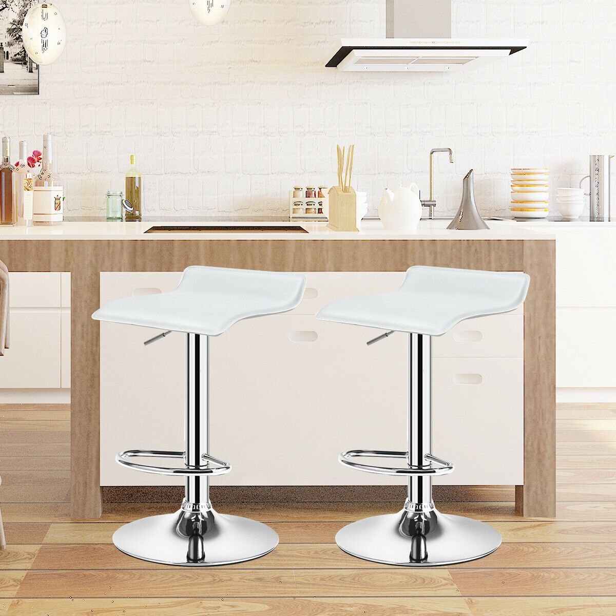 Set of 2 Adjustable PU Leather Backless Bar Stools, White Bar Stools   at Gallery Canada