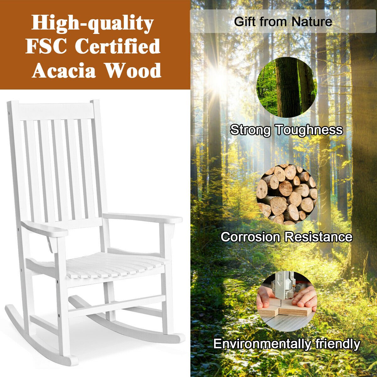 Indoor Outdoor Wooden High Back Rocking Chair, White - Gallery Canada