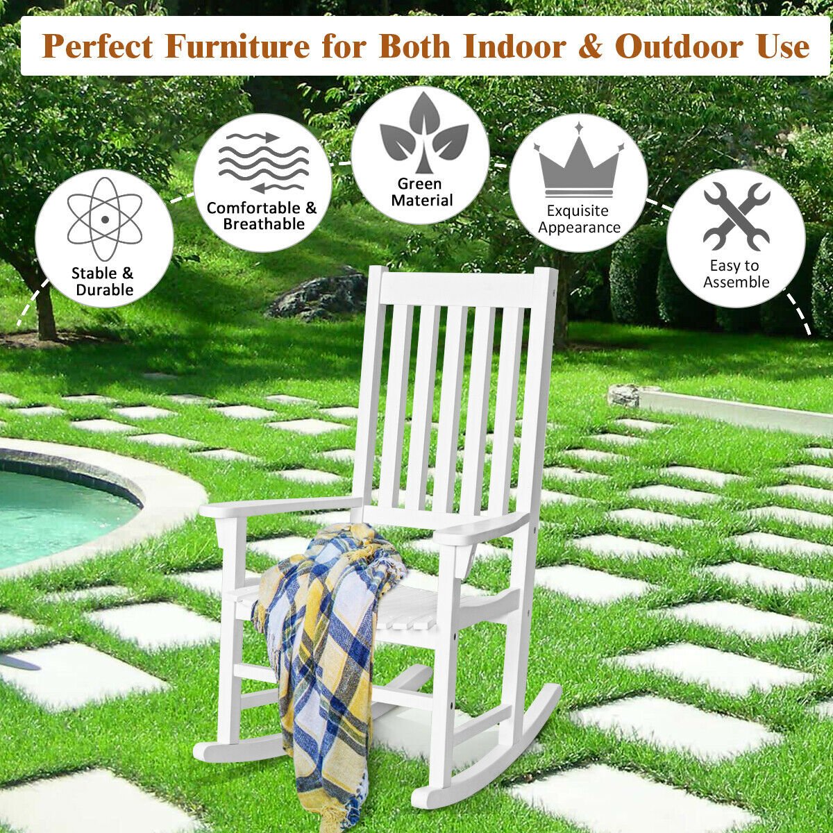 Indoor Outdoor Wooden High Back Rocking Chair, White - Gallery Canada