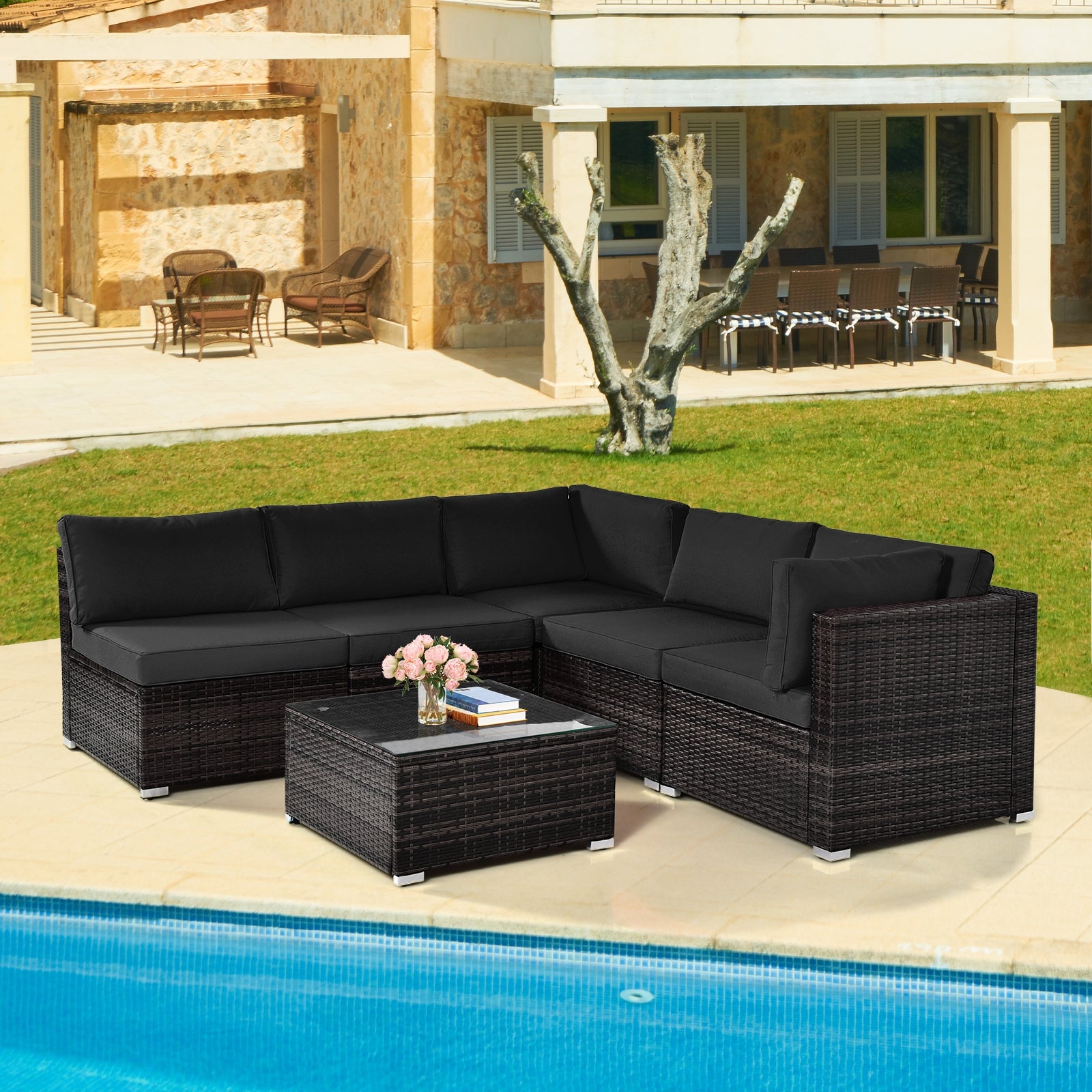 6 Pieces Patio Rattan Furniture Set with Cushions and Glass Coffee Table, Black Outdoor Sectionals   at Gallery Canada