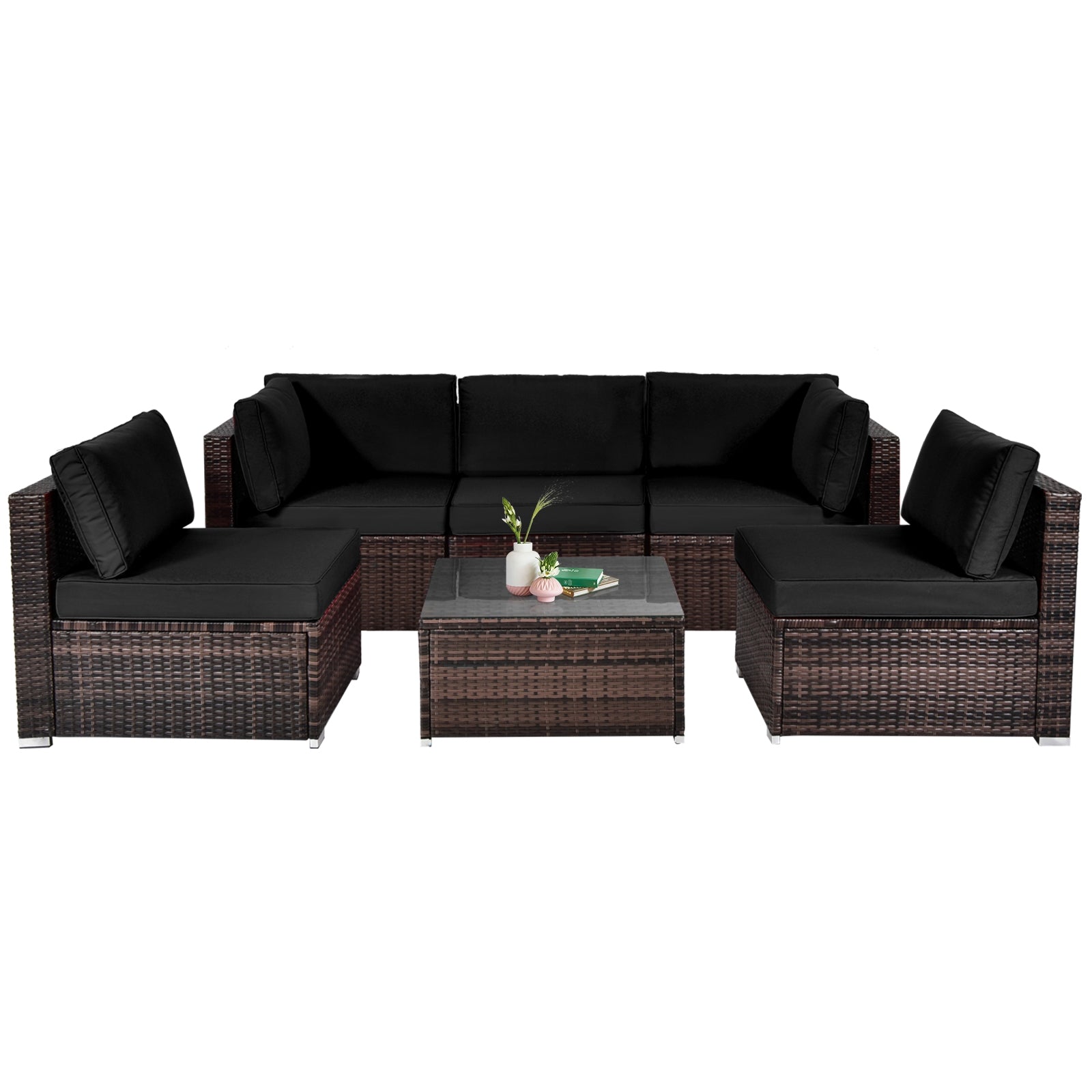 6 Pieces Patio Rattan Furniture Set with Cushions and Glass Coffee Table, Black Outdoor Sectionals Black  at Gallery Canada