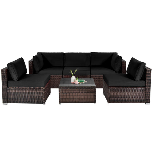 6 Pieces Patio Rattan Furniture Set with Cushions and Glass Coffee Table, Black - Gallery Canada