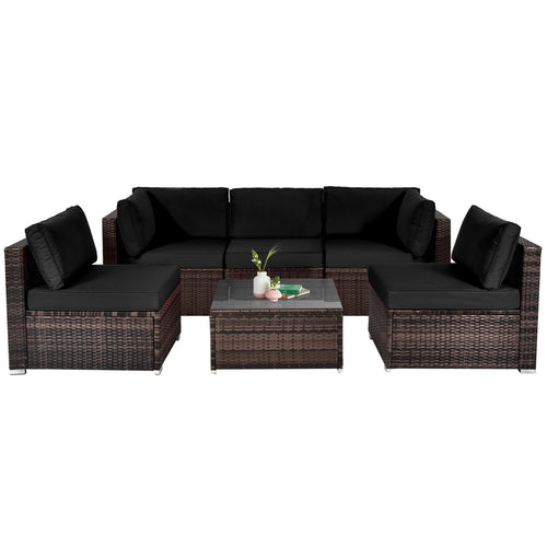 6 Pieces Patio Rattan Furniture Set with Cushions and Glass Coffee Table, Black