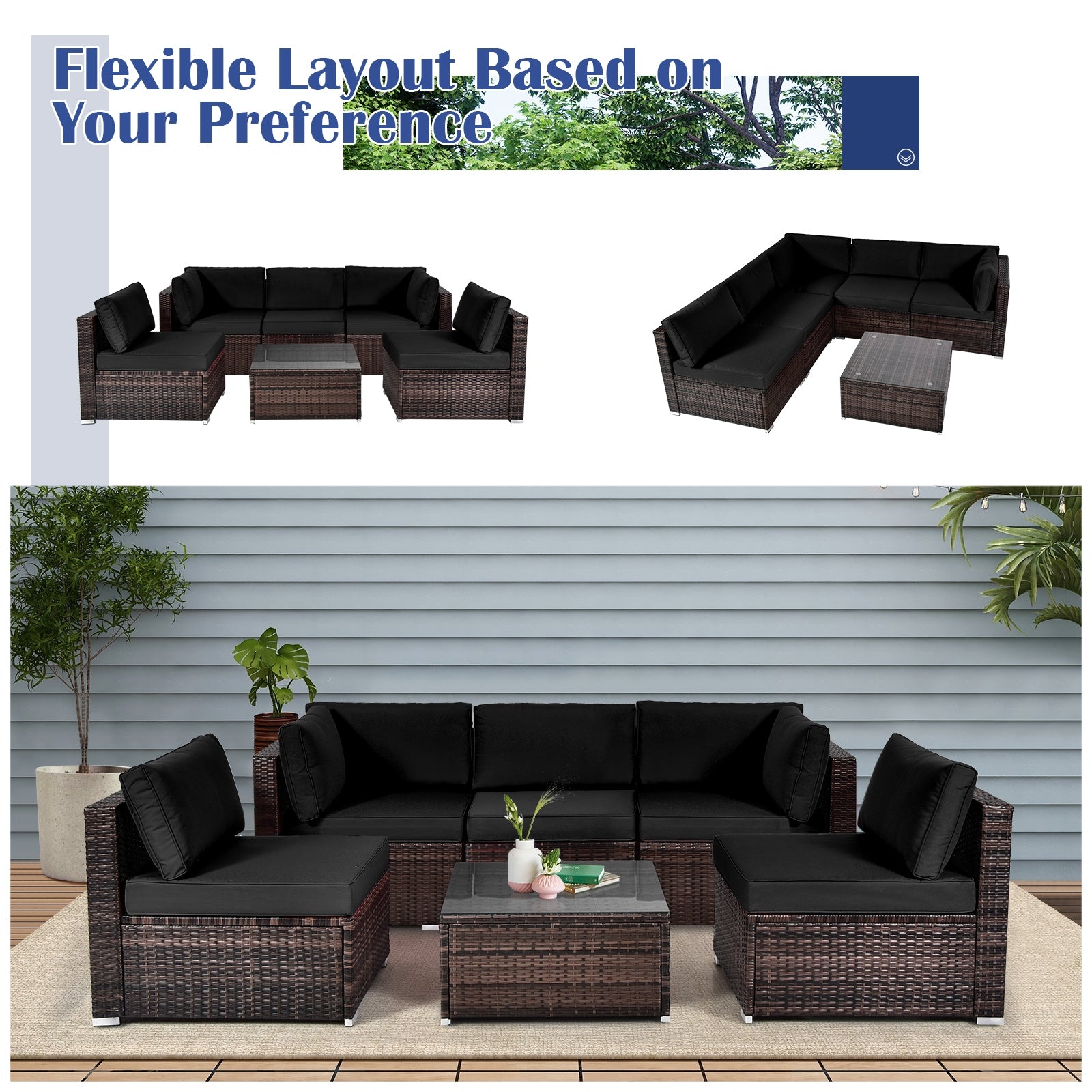 6 Pieces Patio Rattan Furniture Set with Cushions and Glass Coffee Table, Black Outdoor Sectionals   at Gallery Canada