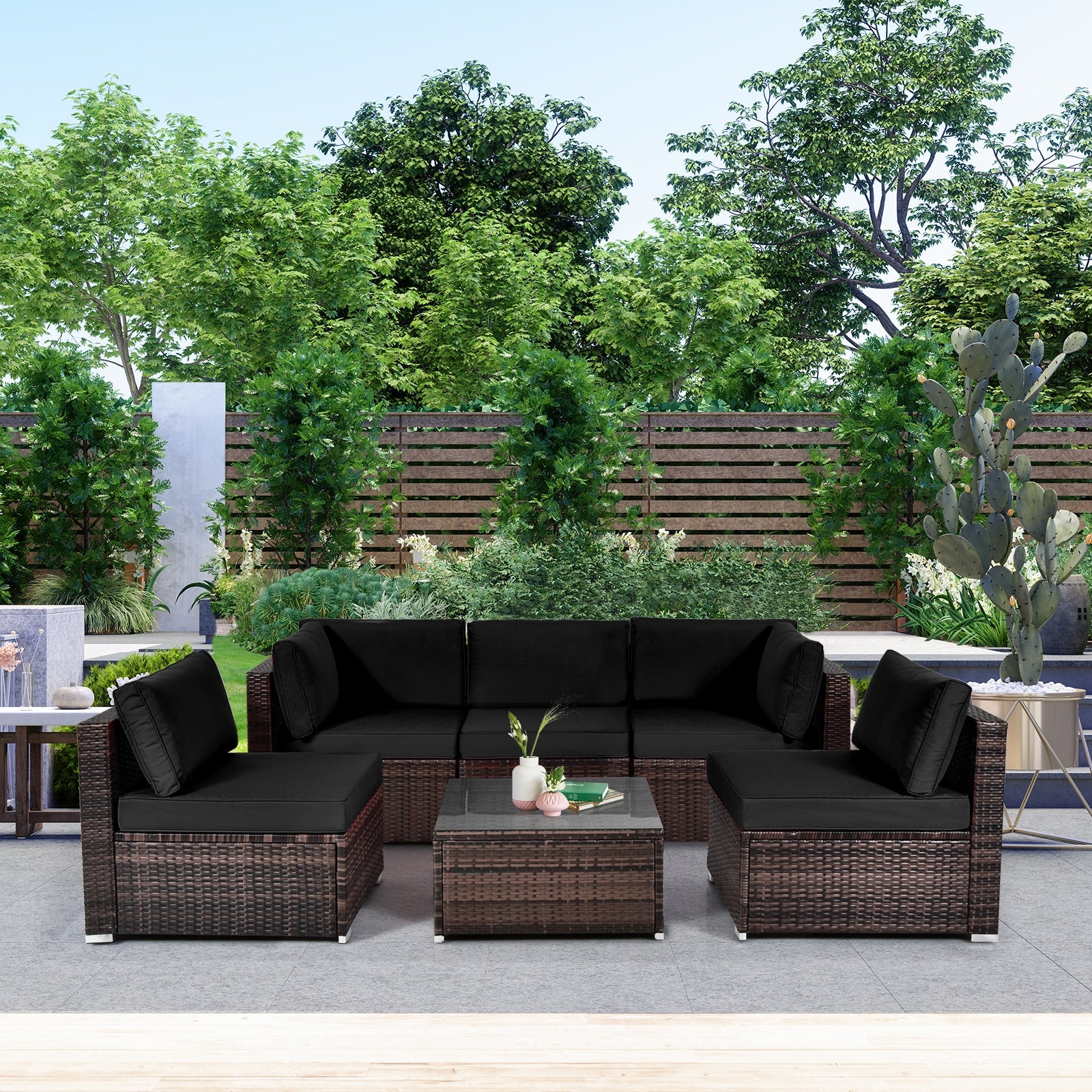 6 Pieces Patio Rattan Furniture Set with Cushions and Glass Coffee Table, Black Outdoor Sectionals   at Gallery Canada