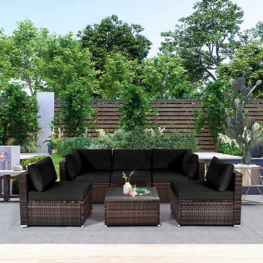 6 Pieces Patio Rattan Furniture Set with Cushions and Glass Coffee Table, Black Outdoor Sectionals Black  at Gallery Canada