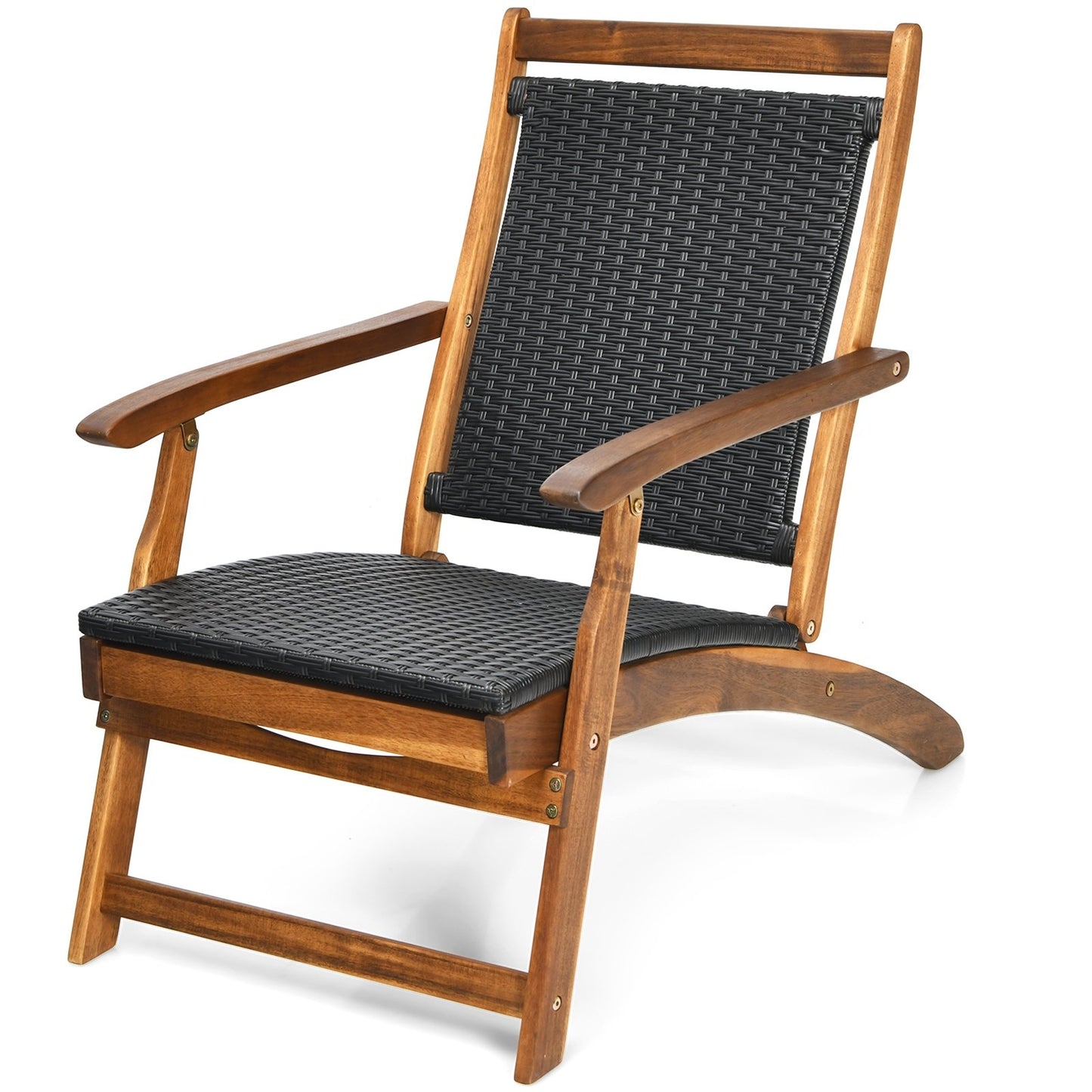 Patio Rattan Folding Lounge Chair with Acacia Wooden Frame Retractable Footrest, Brown - Gallery Canada