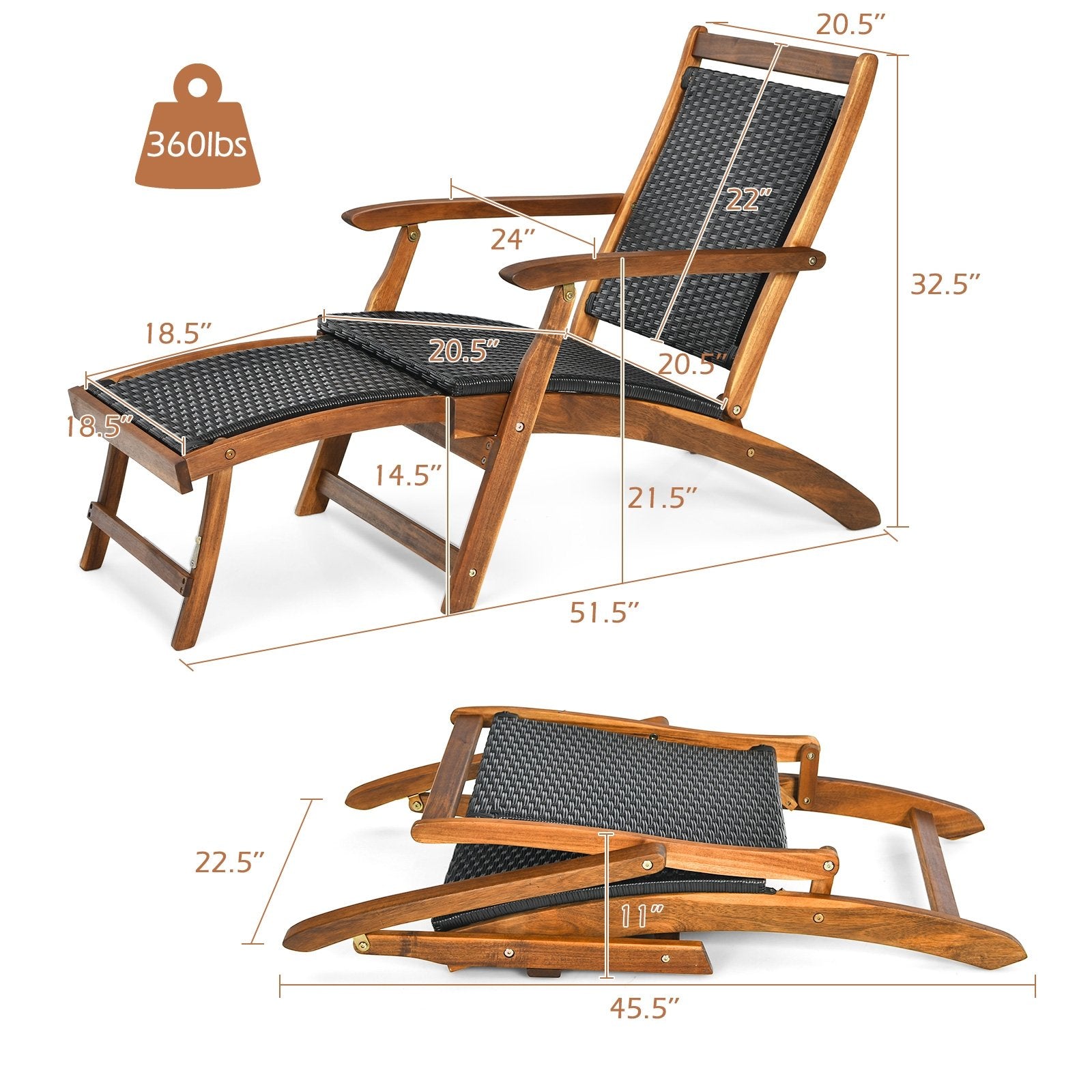 Patio Rattan Folding Lounge Chair with Acacia Wooden Frame Retractable Footrest, Brown - Gallery Canada