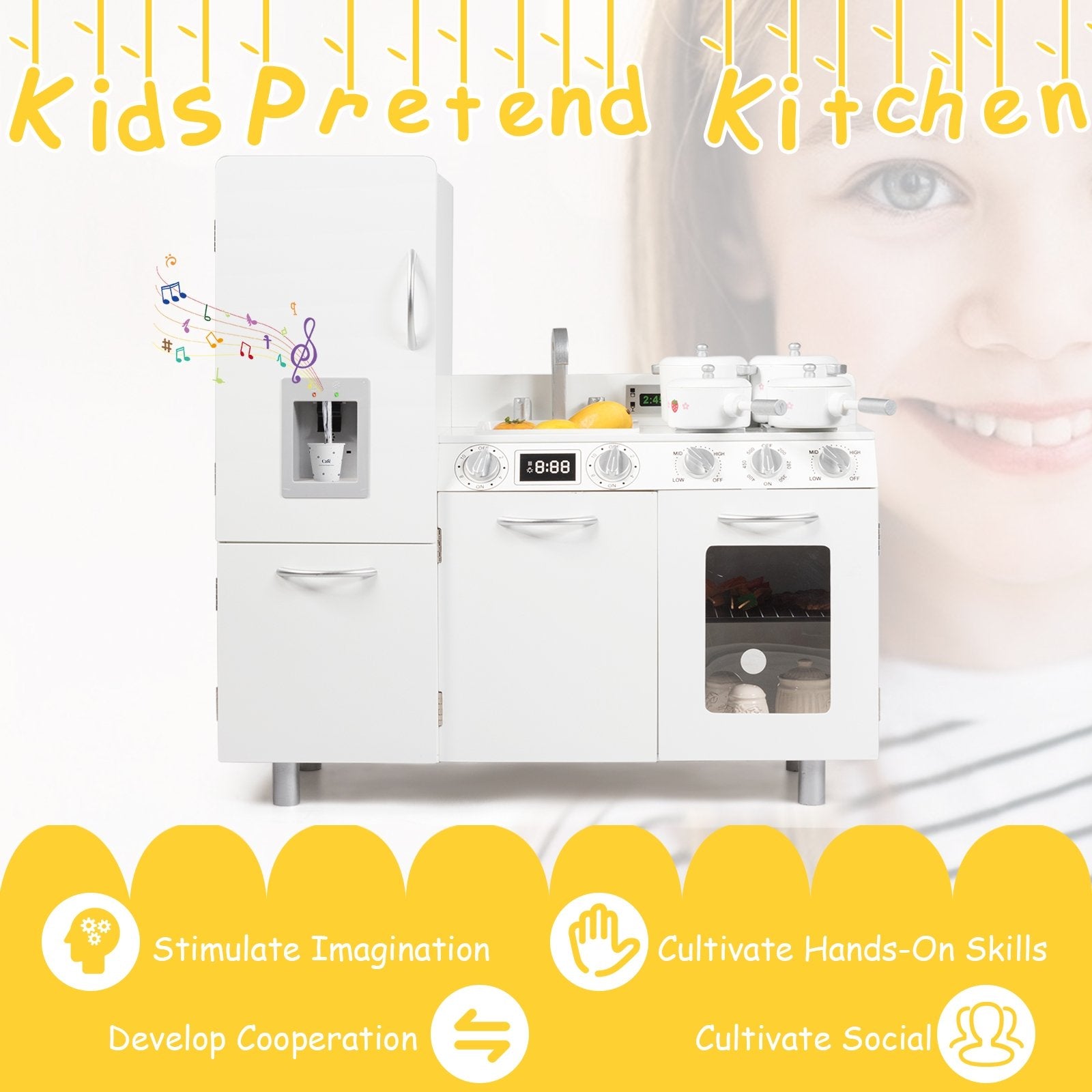 Kid's Pretend Kitchen Playset Cooking Toys Toddler Cookware Gift, White - Gallery Canada