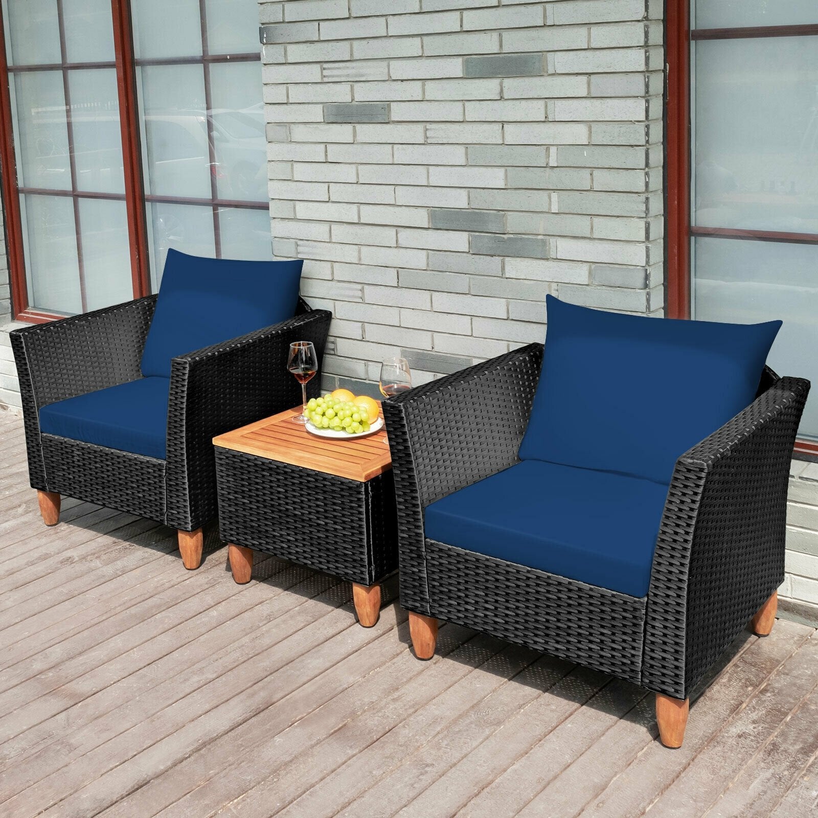 3 Pieces Outdoor Patio Rattan Furniture Set, Navy Patio Conversation Sets   at Gallery Canada