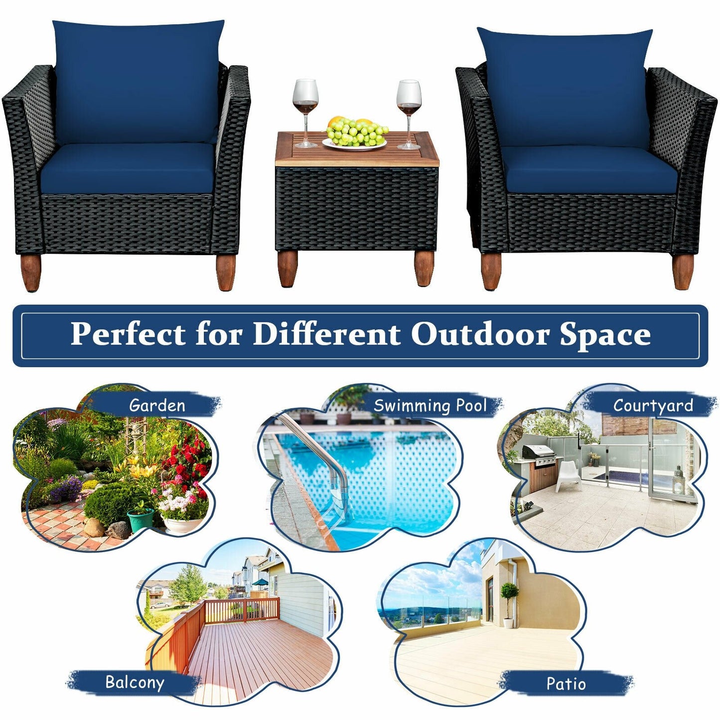 3 Pieces Outdoor Patio Rattan Furniture Set, Navy Patio Conversation Sets   at Gallery Canada