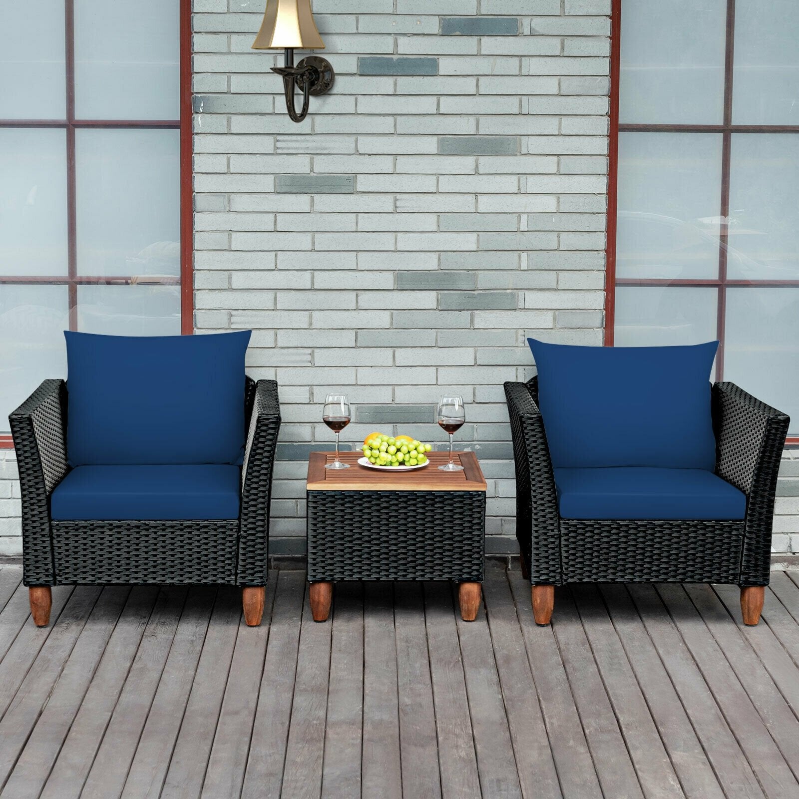 3 Pieces Outdoor Patio Rattan Furniture Set, Navy Patio Conversation Sets   at Gallery Canada