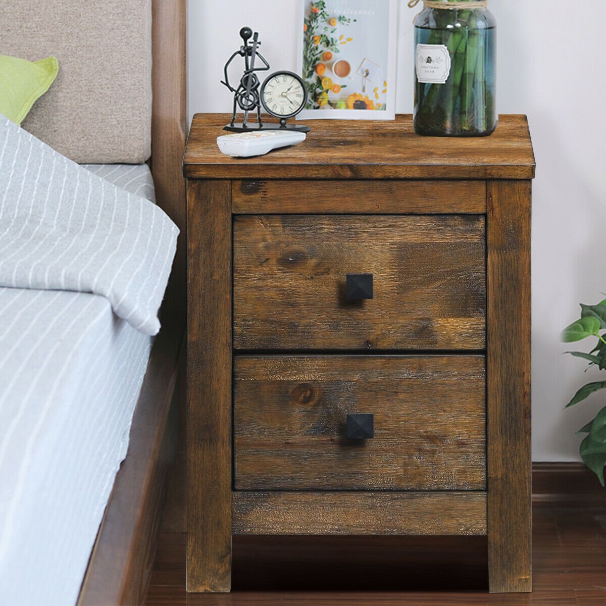 Wood 2 Storage Sliding Drawers End Nightstand, Natural Nightstands   at Gallery Canada