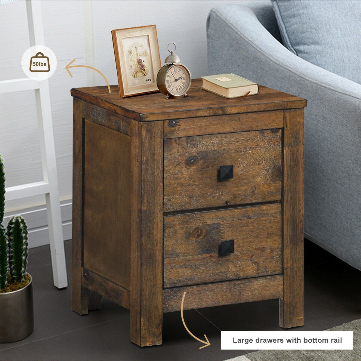 Wood 2 Storage Sliding Drawers End Nightstand, Natural Nightstands   at Gallery Canada