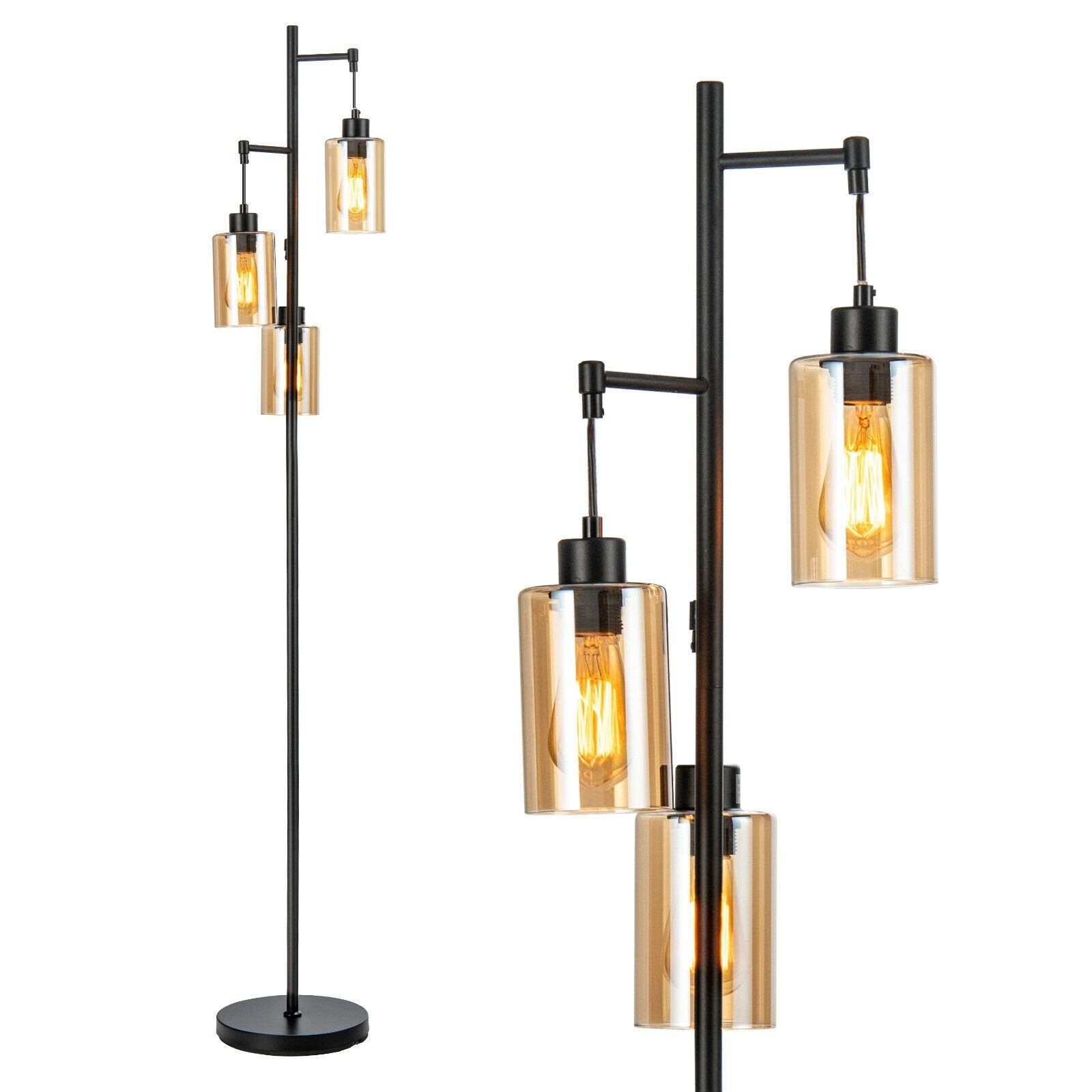 Retro Floor Lamp with 3-Head Hanging Amber Glass Shade, Black Table & Floor Lamps   at Gallery Canada