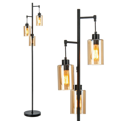 Retro Floor Lamp with 3-Head Hanging Amber Glass Shade, Black Table & Floor Lamps   at Gallery Canada