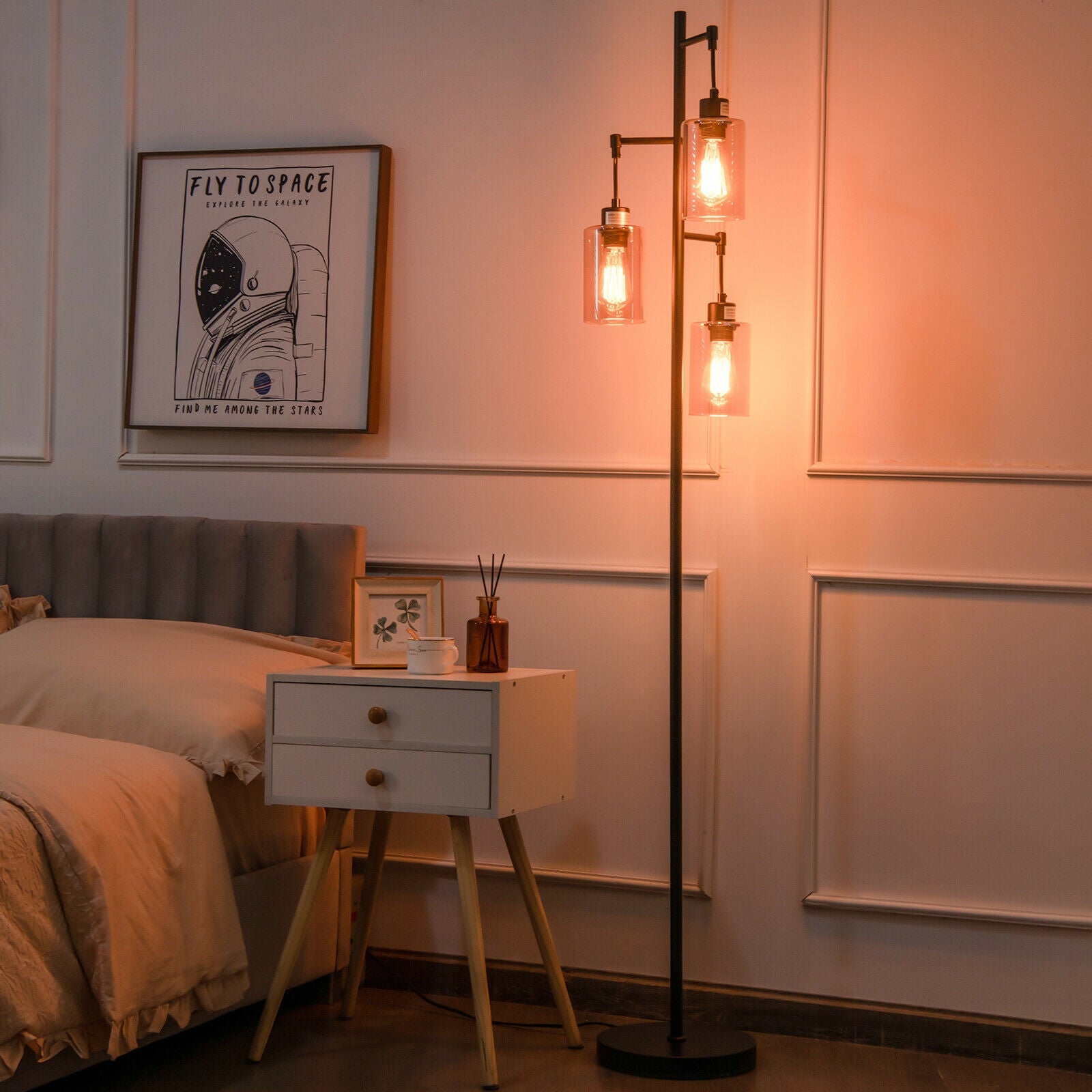 Retro Floor Lamp with 3-Head Hanging Amber Glass Shade, Black Table & Floor Lamps at Gallery Canada