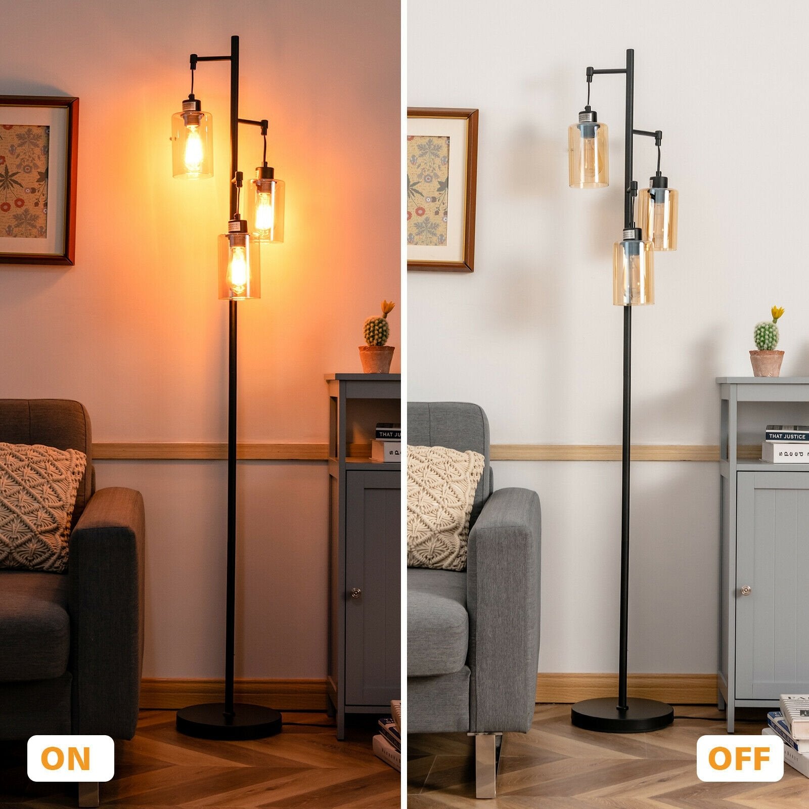 Retro Floor Lamp with 3-Head Hanging Amber Glass Shade, Black Table & Floor Lamps   at Gallery Canada