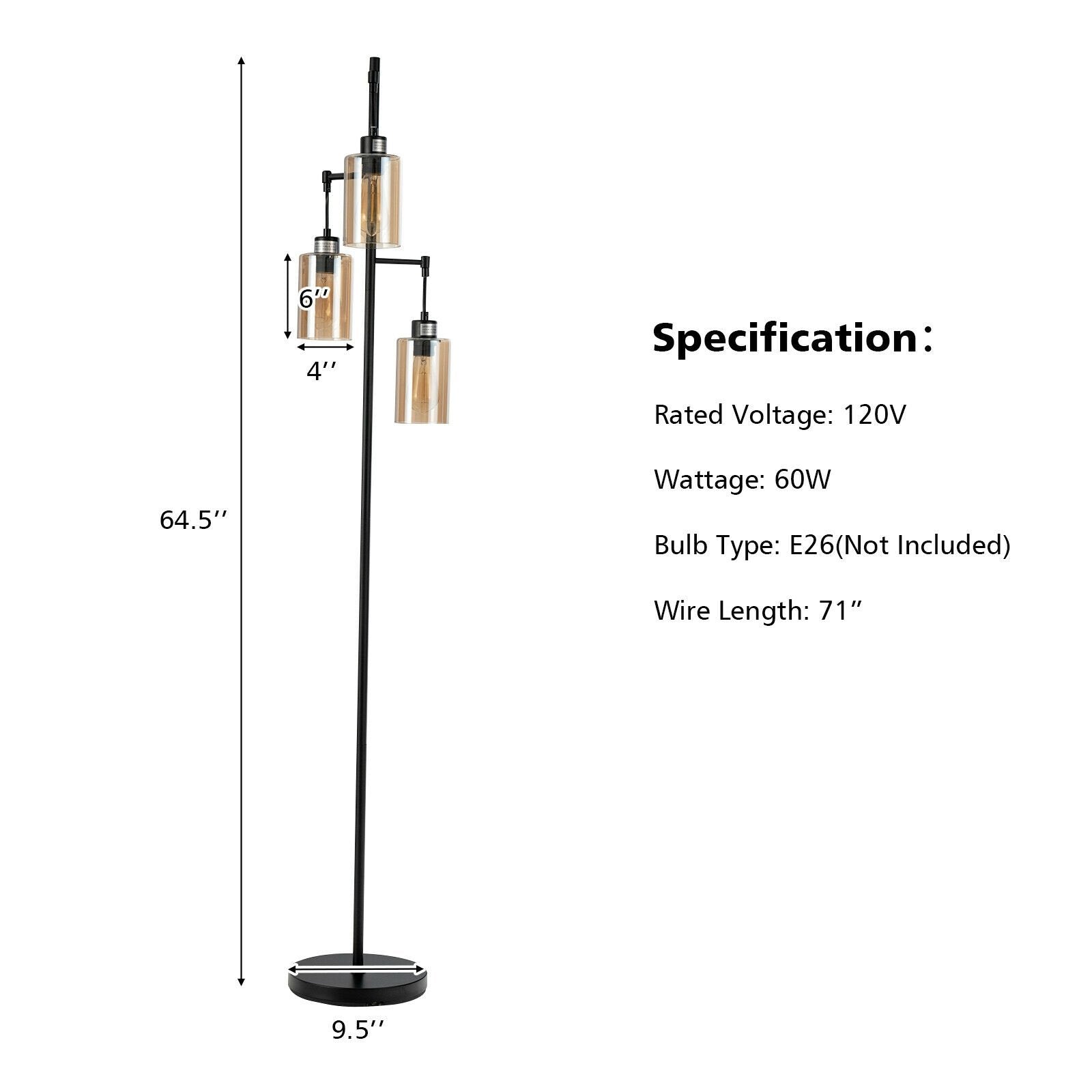 Retro Floor Lamp with 3-Head Hanging Amber Glass Shade, Black Table & Floor Lamps   at Gallery Canada