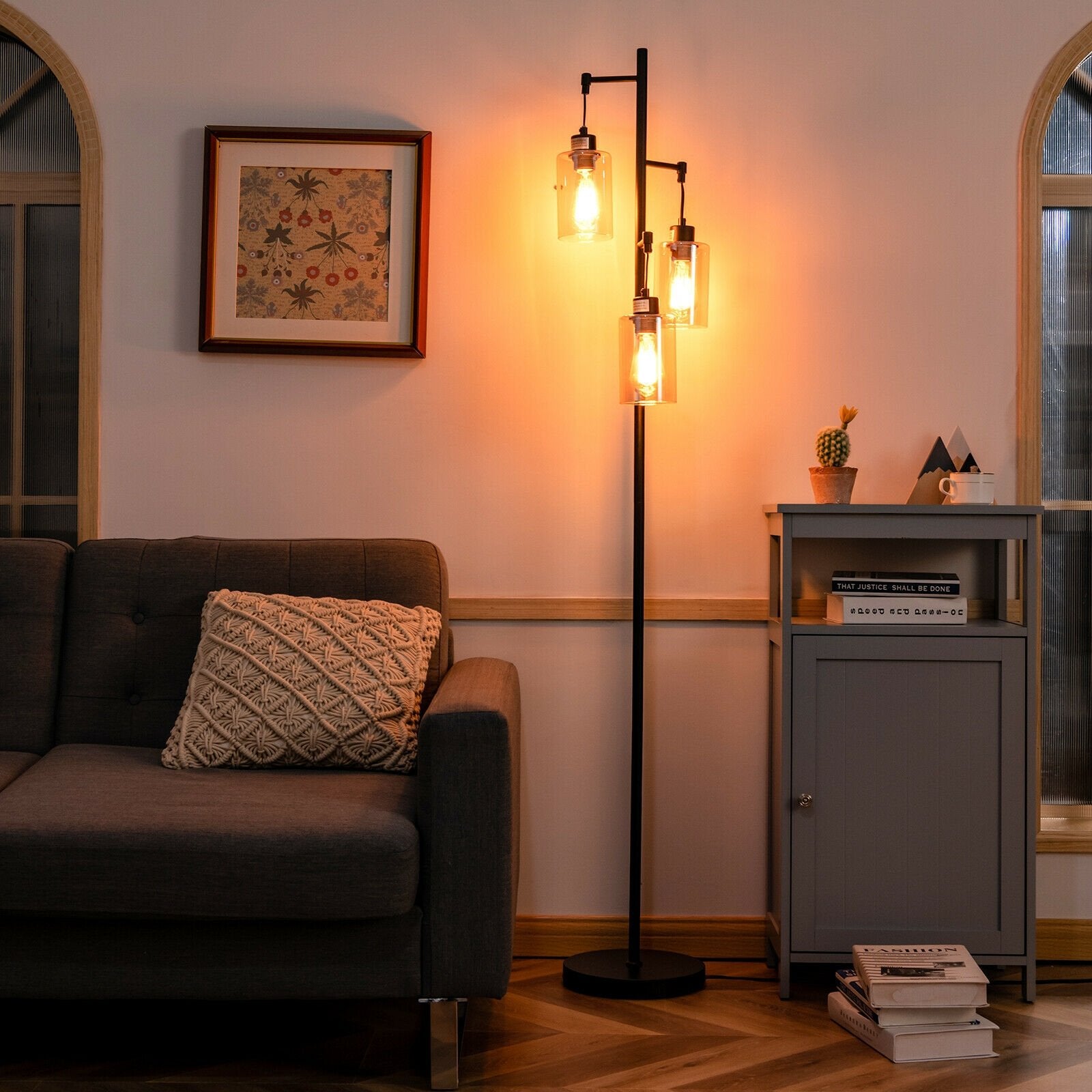 Retro Floor Lamp with 3-Head Hanging Amber Glass Shade, Black Table & Floor Lamps   at Gallery Canada