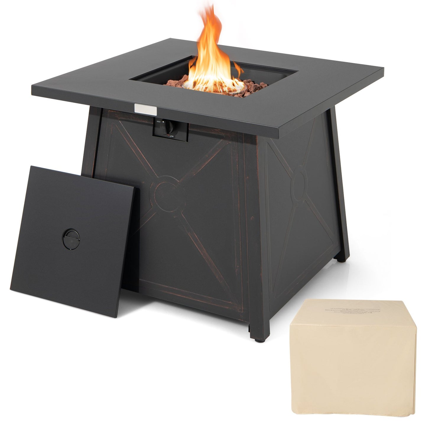 30 Inch Square Propane Gas Fire Table with Waterproof Cover, Black - Gallery Canada