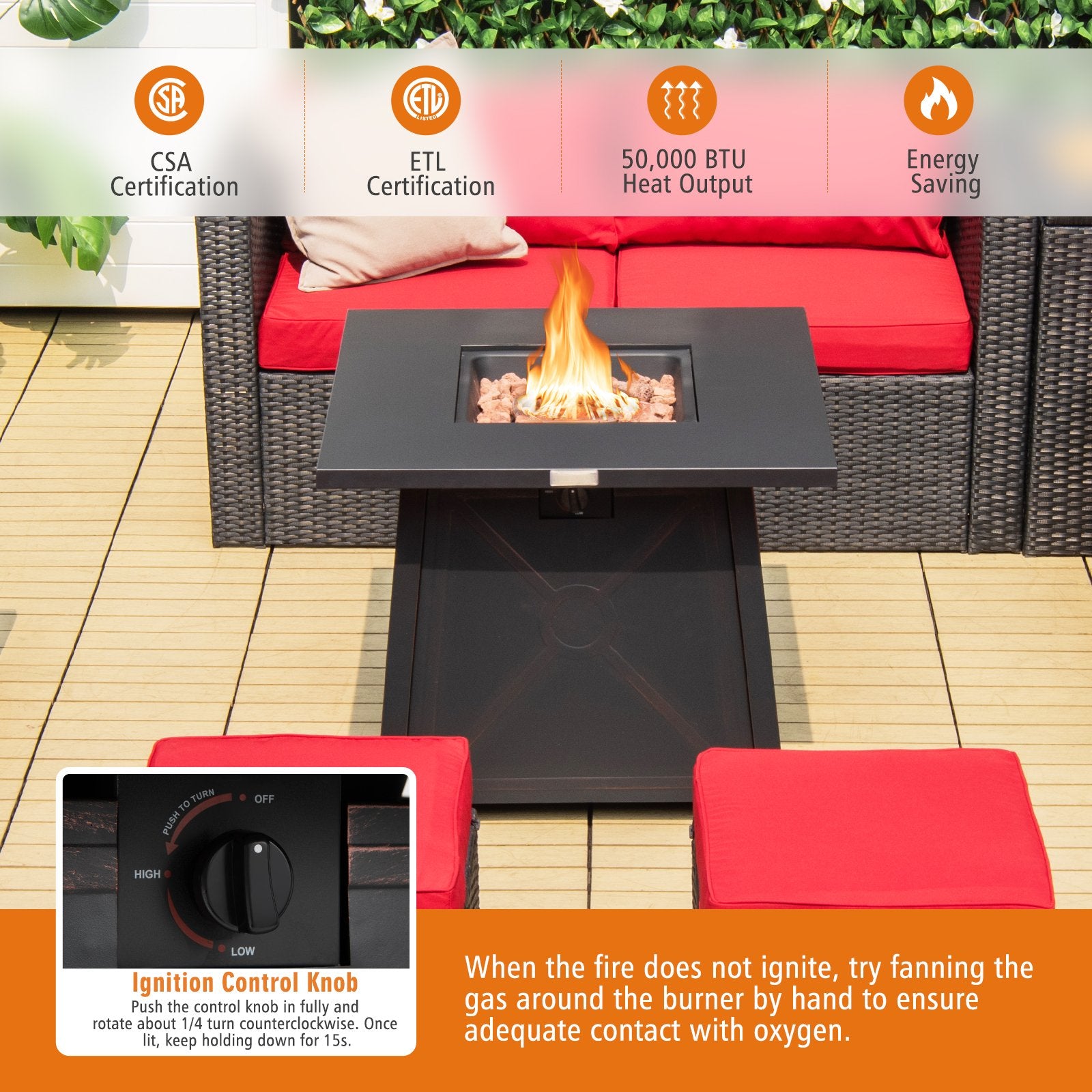 30 Inch Square Propane Gas Fire Table with Waterproof Cover, Black Fire Pits   at Gallery Canada