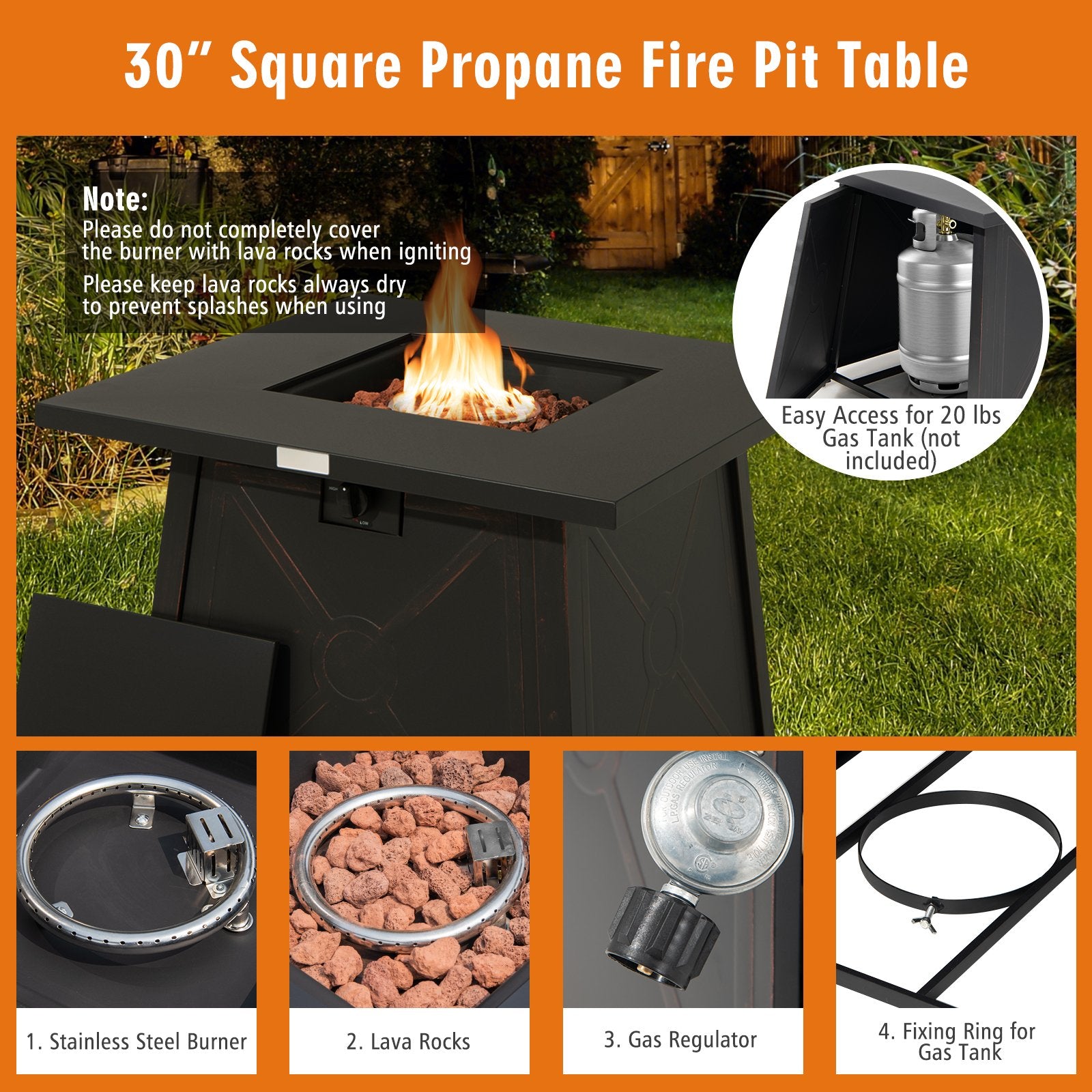 30 Inch Square Propane Gas Fire Table with Waterproof Cover, Black Fire Pits   at Gallery Canada