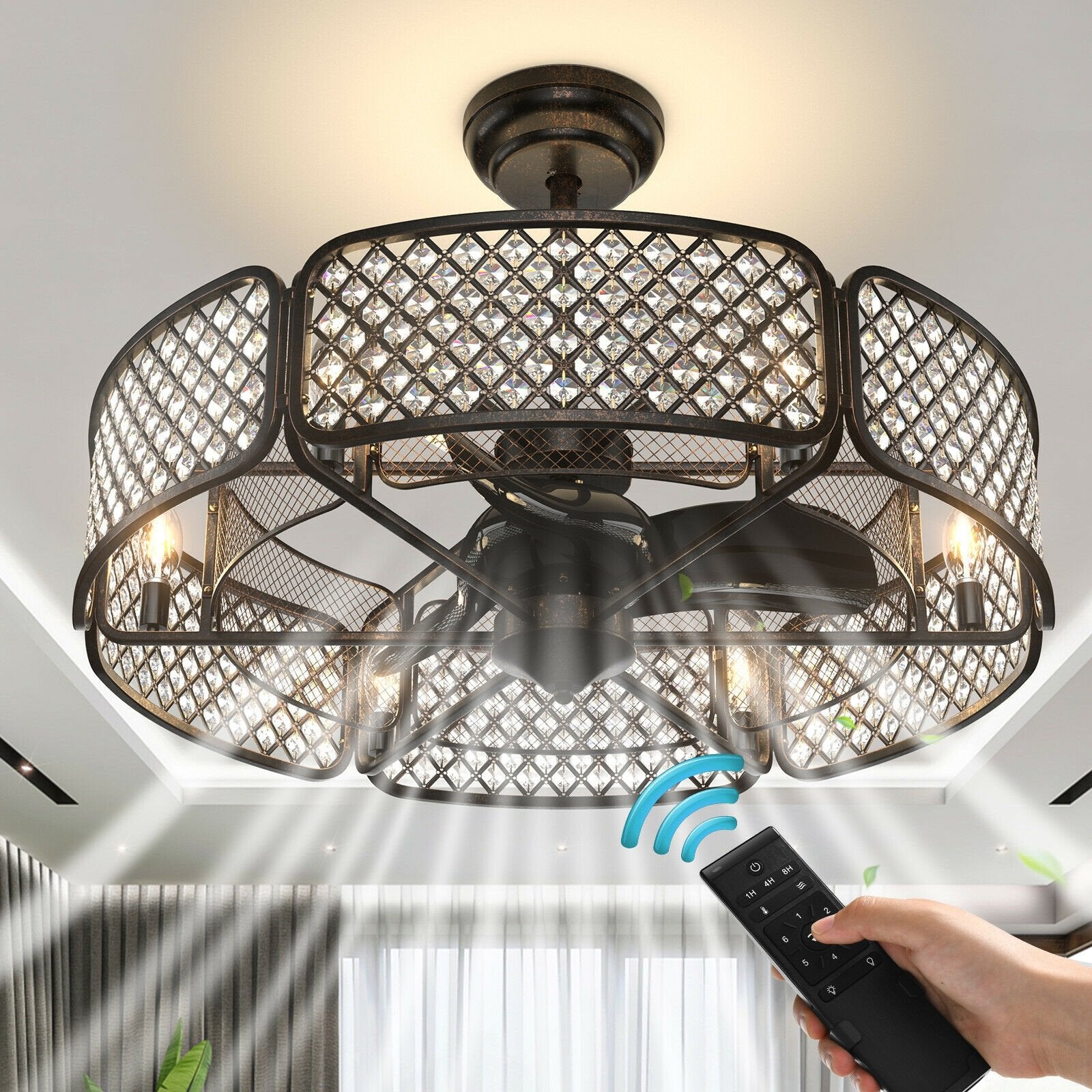 30 Inch Caged Ceiling Fan With Light Crystal Lampshade 6 Light Bases, Brown Ceiling Fans   at Gallery Canada