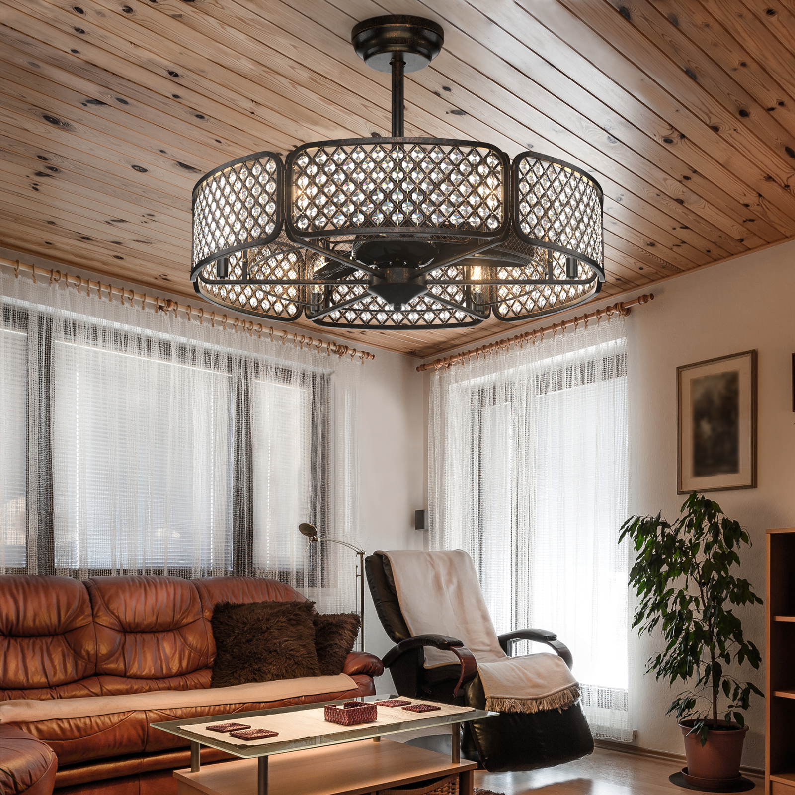 30 Inch Caged Ceiling Fan With Light Crystal Lampshade 6 Light Bases, Brown Ceiling Fans   at Gallery Canada