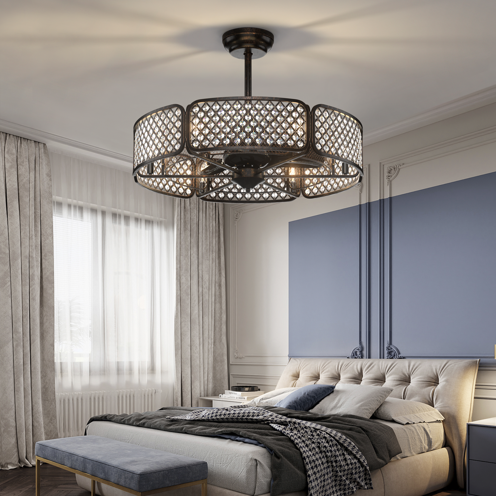 30 Inch Caged Ceiling Fan With Light Crystal Lampshade 6 Light Bases, Brown Ceiling Fans   at Gallery Canada