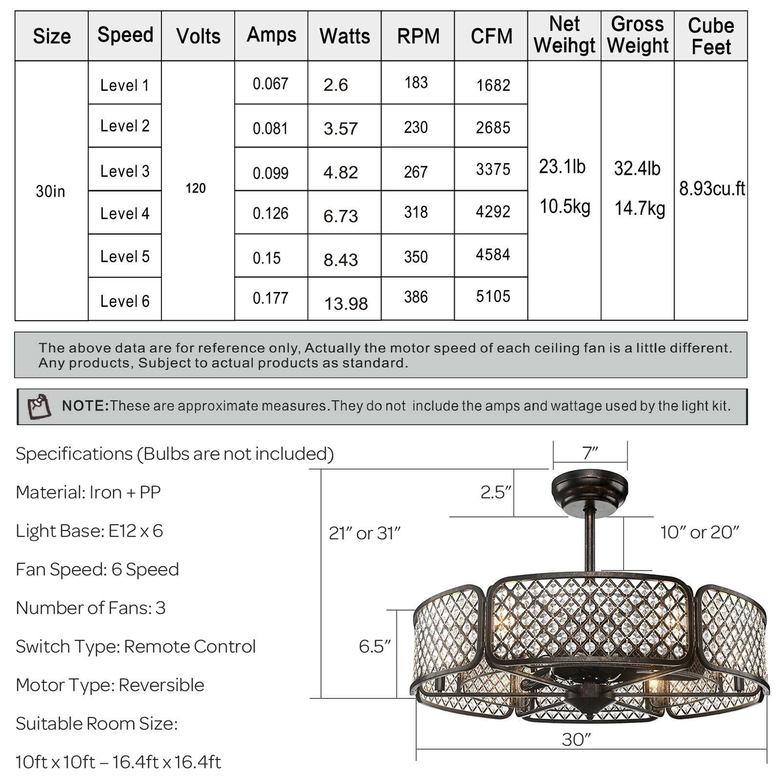 30 Inch Caged Ceiling Fan With Light Crystal Lampshade 6 Light Bases, Brown Ceiling Fans   at Gallery Canada