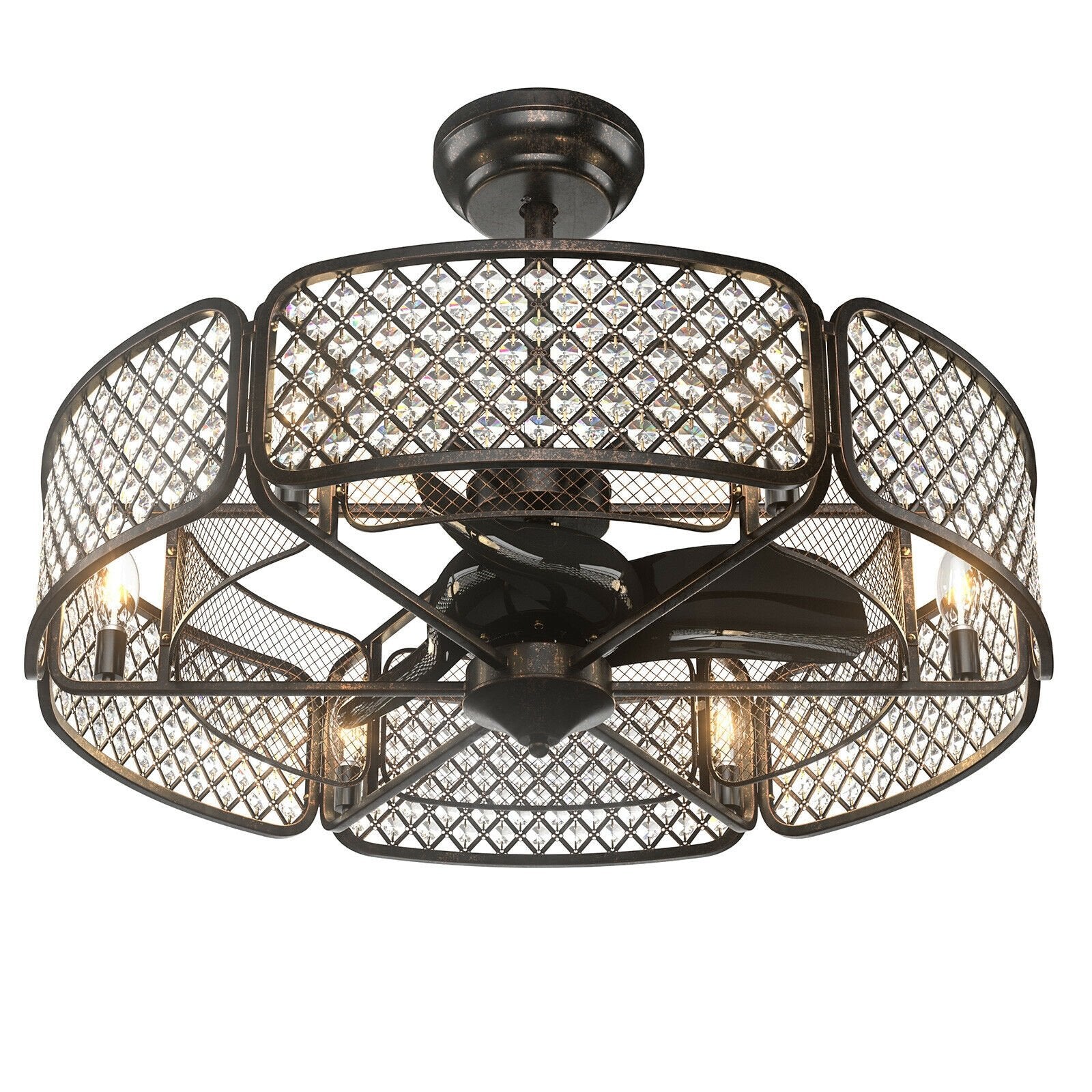 30 Inch Caged Ceiling Fan With Light Crystal Lampshade 6 Light Bases, Brown Ceiling Fans   at Gallery Canada