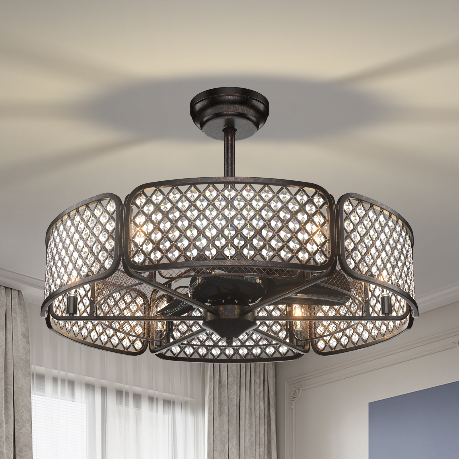 30 Inch Caged Ceiling Fan With Light Crystal Lampshade 6 Light Bases, Brown Ceiling Fans   at Gallery Canada